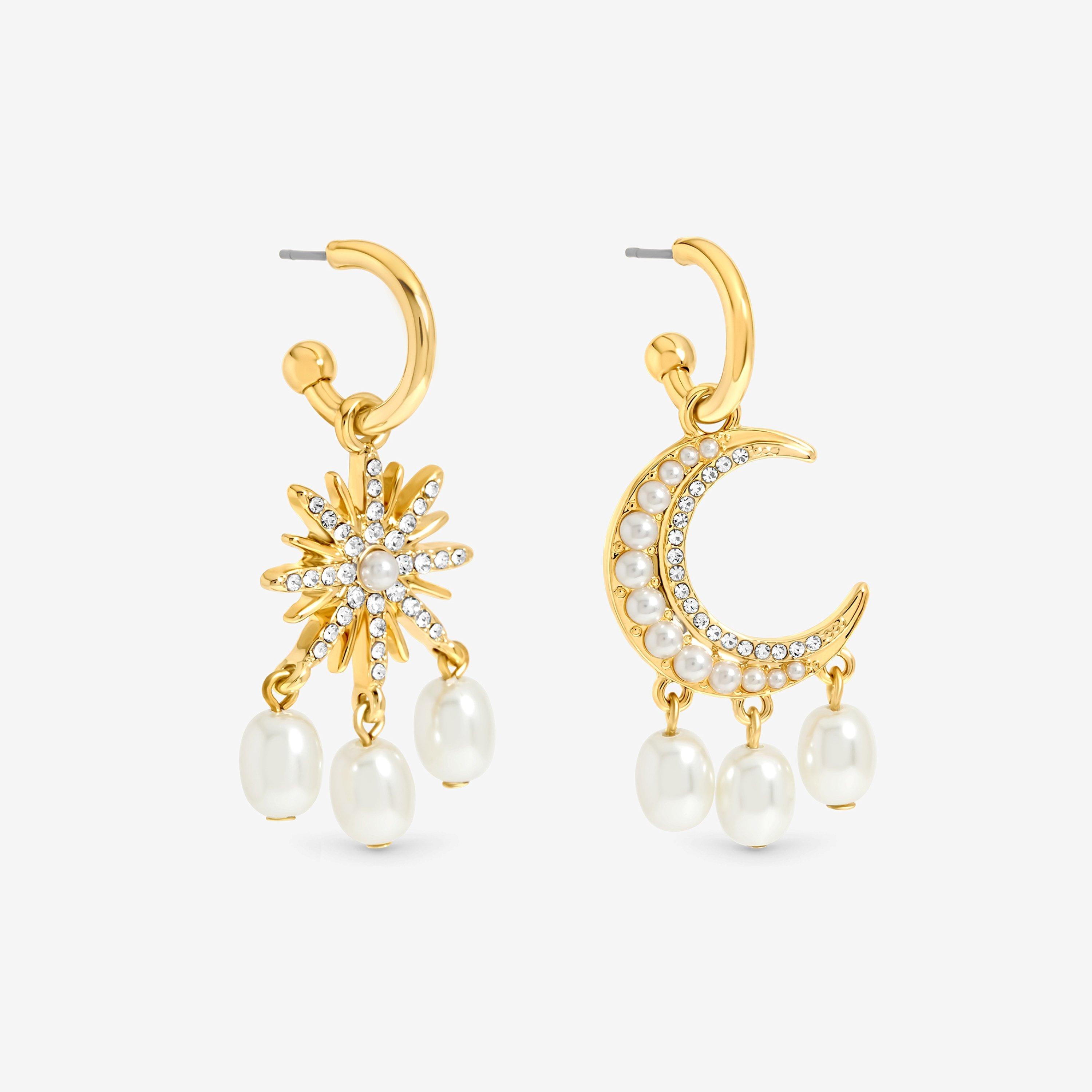 Gold - Mood - Gold Plated And Pearl Celestial Mismatch Earrings - 1