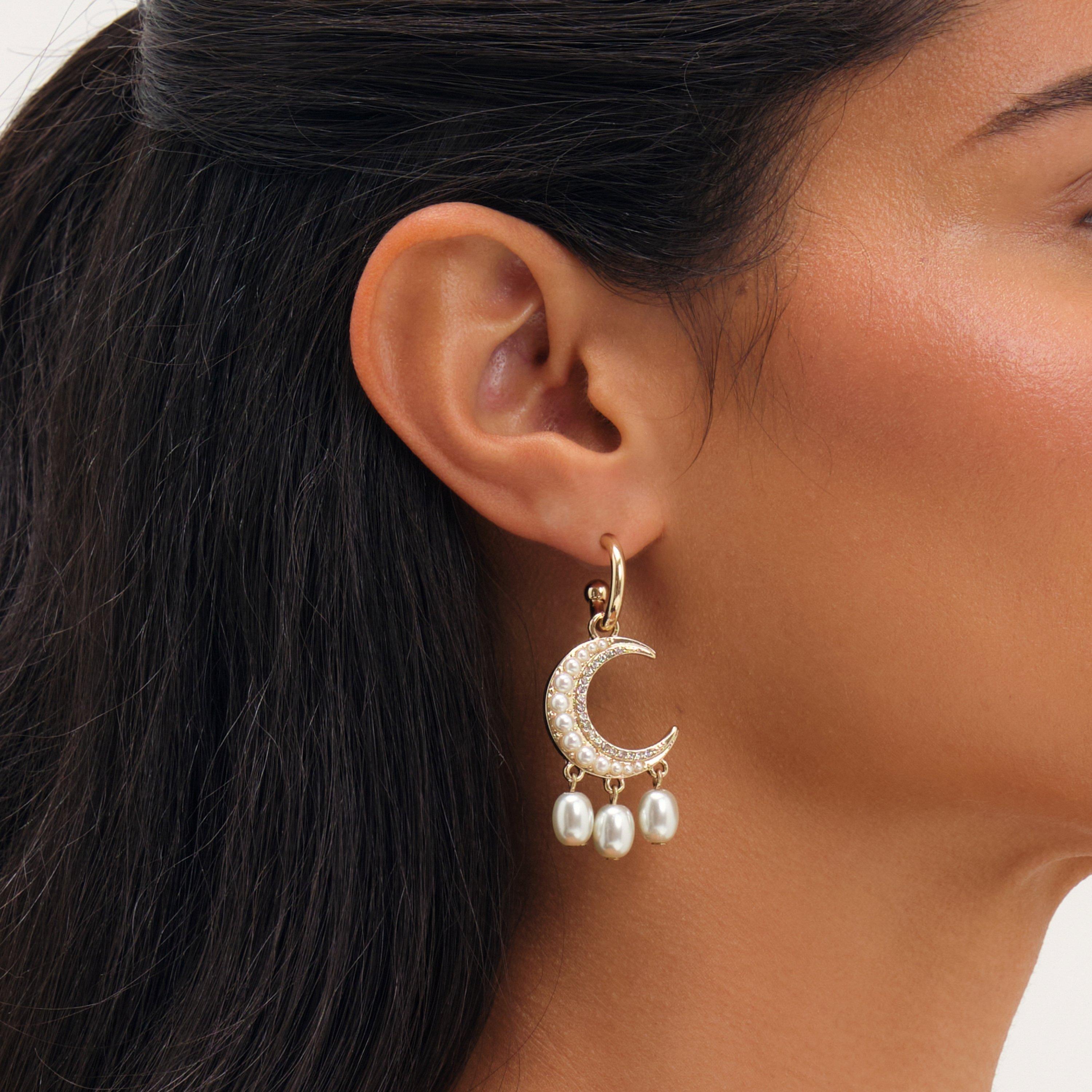 Gold - Mood - Gold Plated And Pearl Celestial Mismatch Earrings - 2