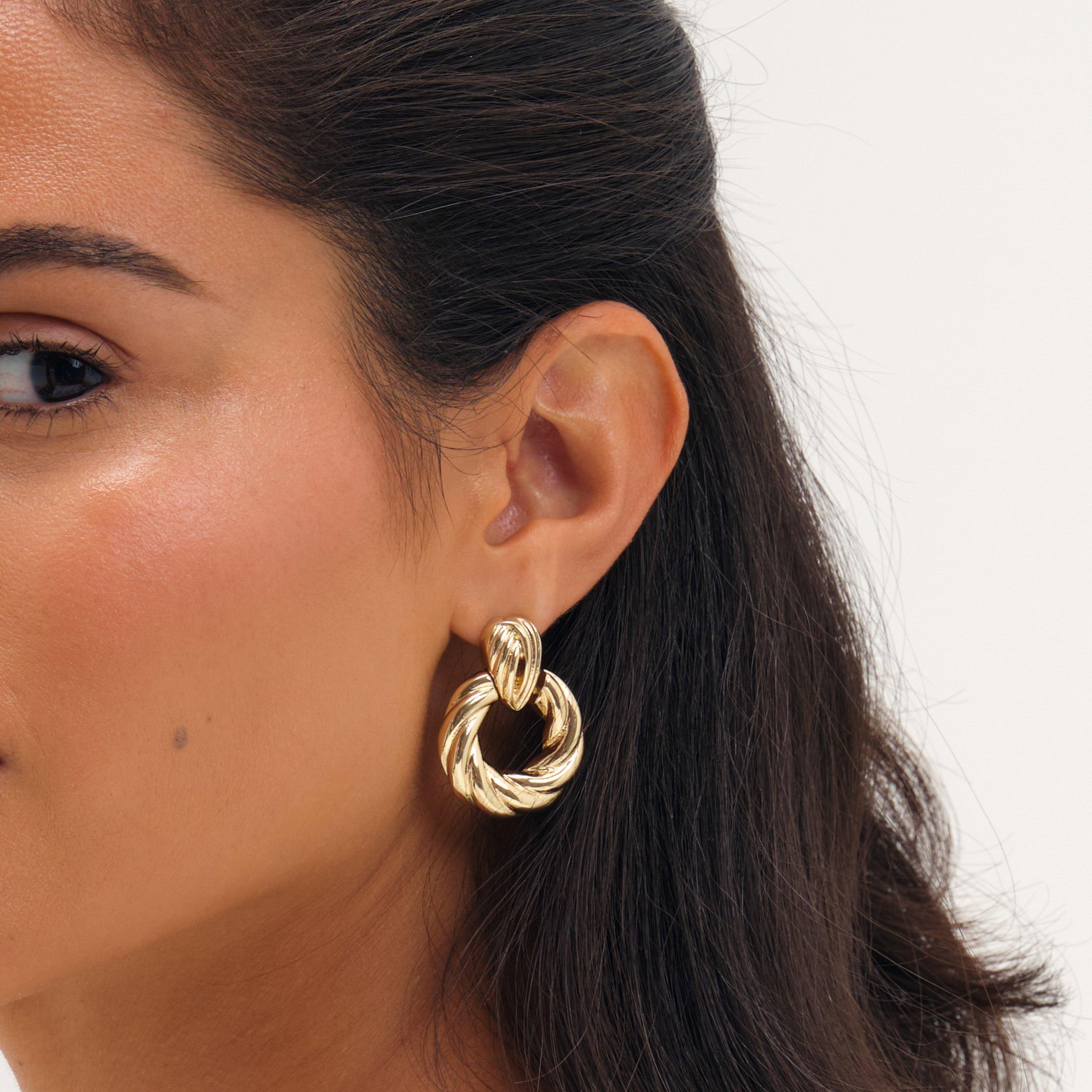 Gold - Mood - Gold Plated Ridge Door Knocker Earrings - 2