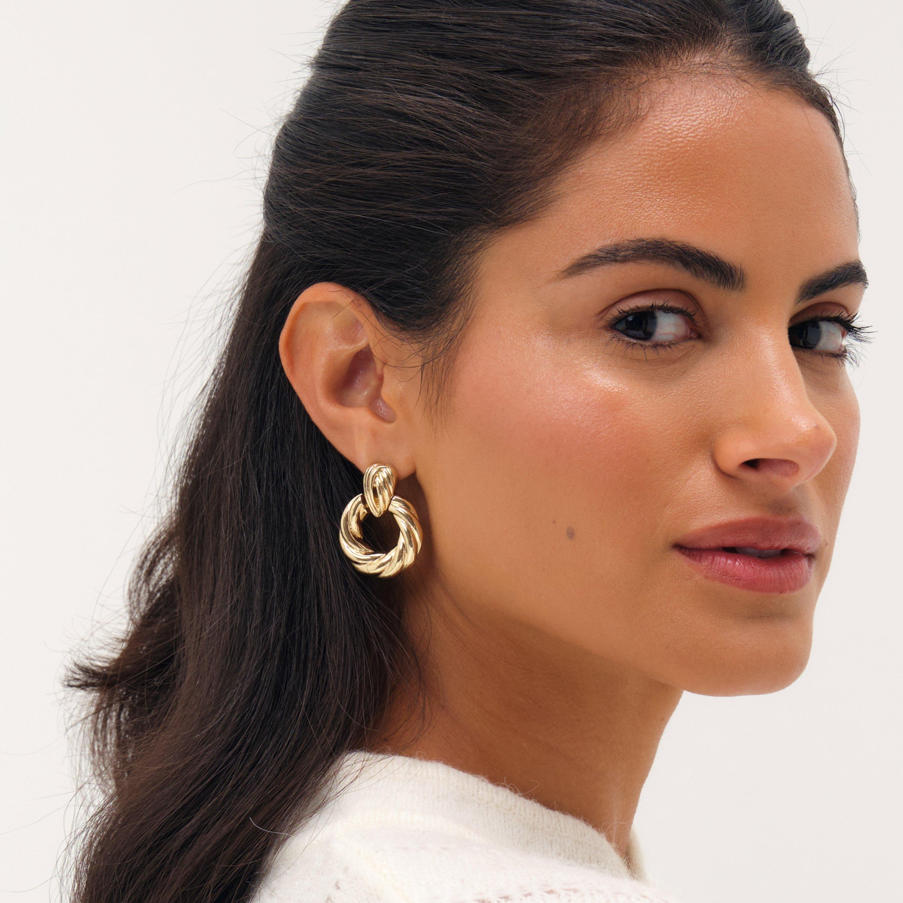 Gold - Mood - Gold Plated Ridge Door Knocker Earrings - 3