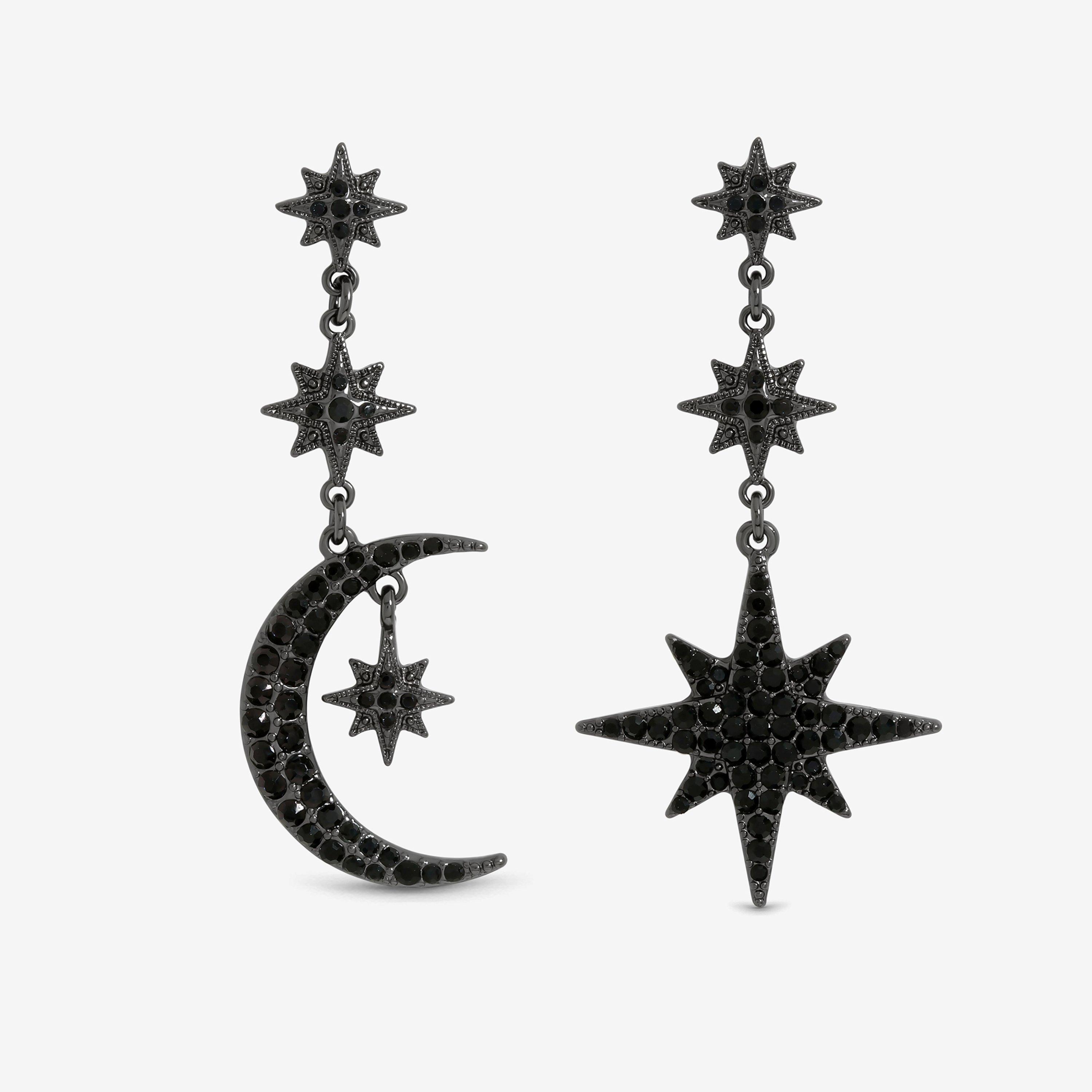 Black - Mood - Jet Crystal Moon & Star Statement Drop Earrings - 1
