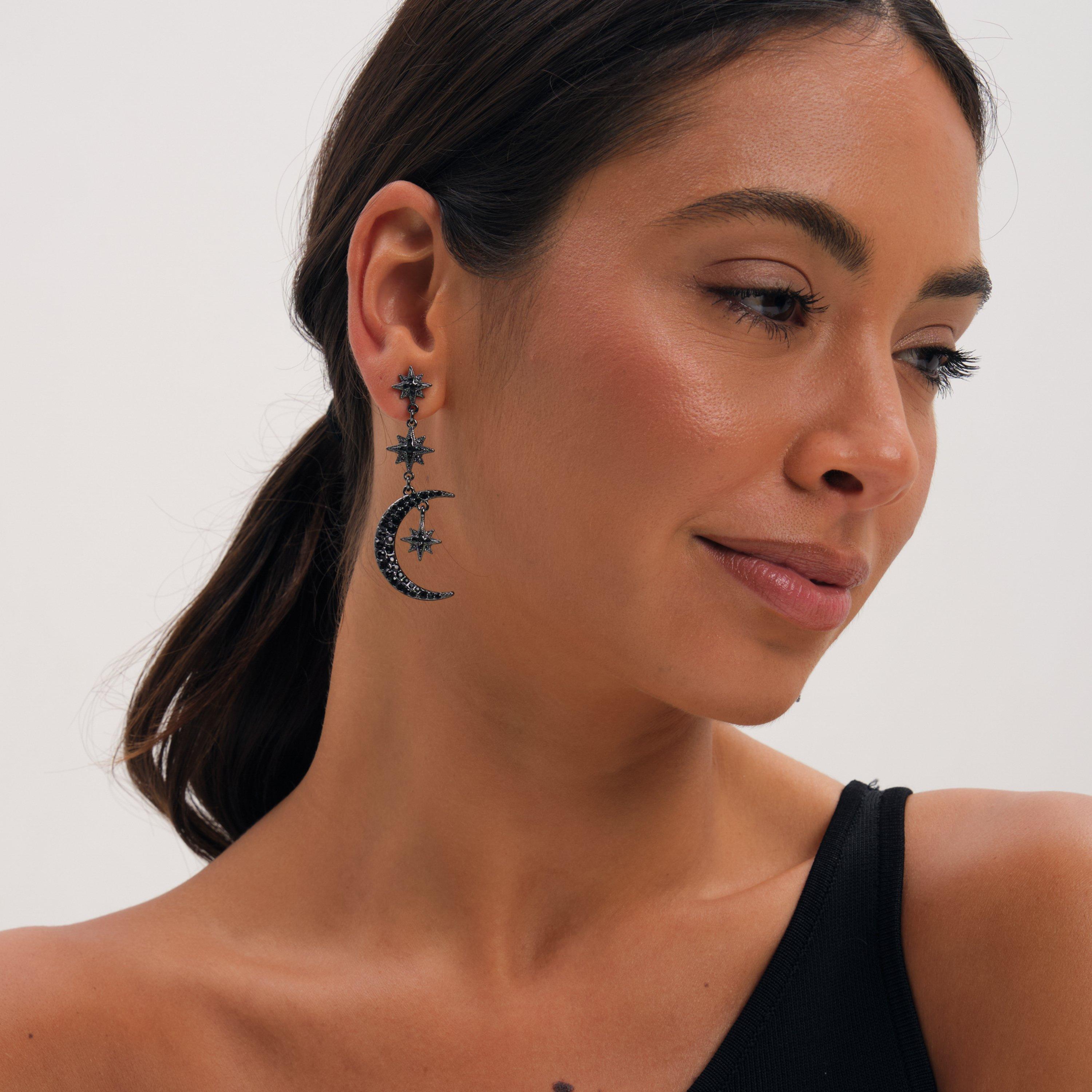 Black - Mood - Jet Crystal Moon & Star Statement Drop Earrings - 2