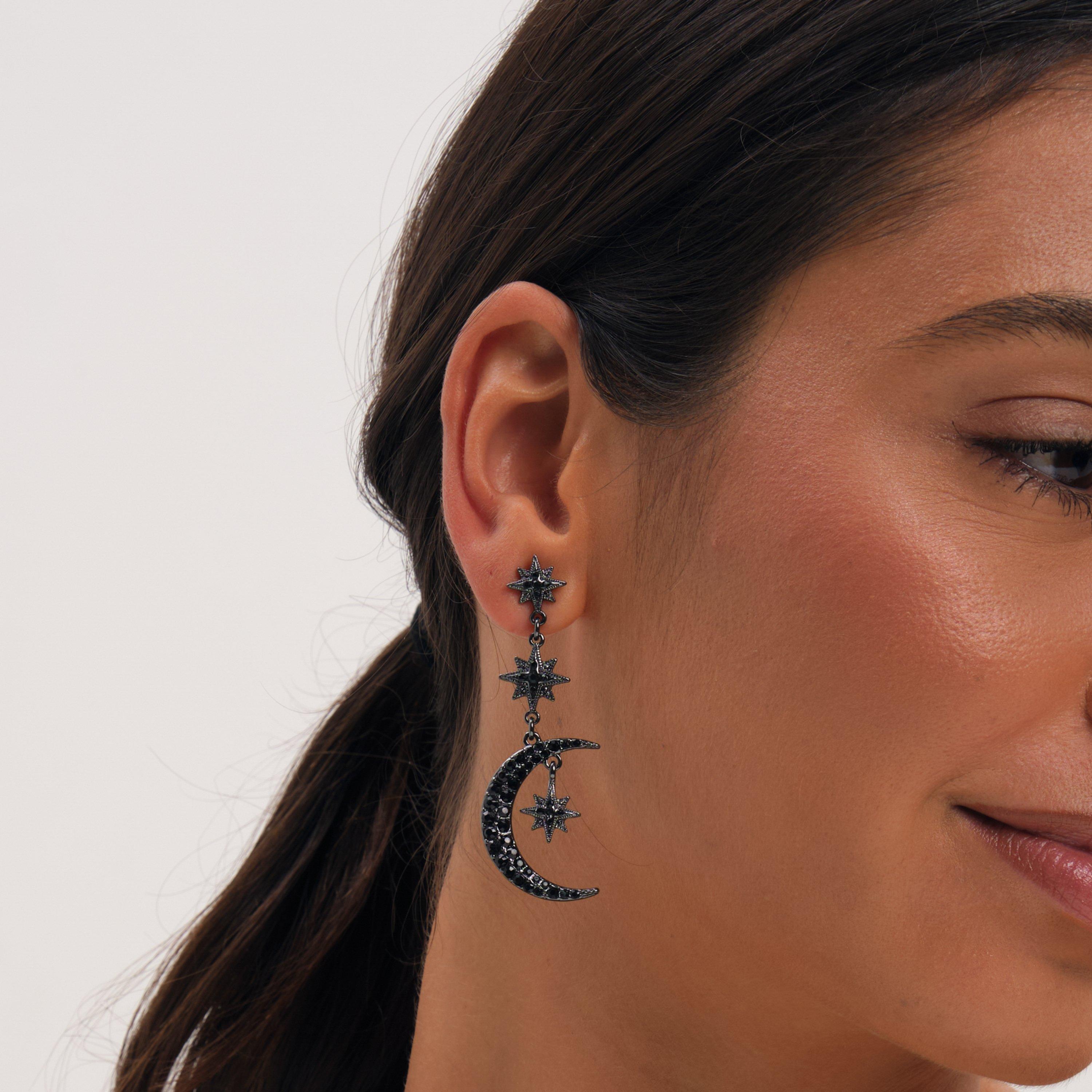 Black - Mood - Jet Crystal Moon & Star Statement Drop Earrings - 3