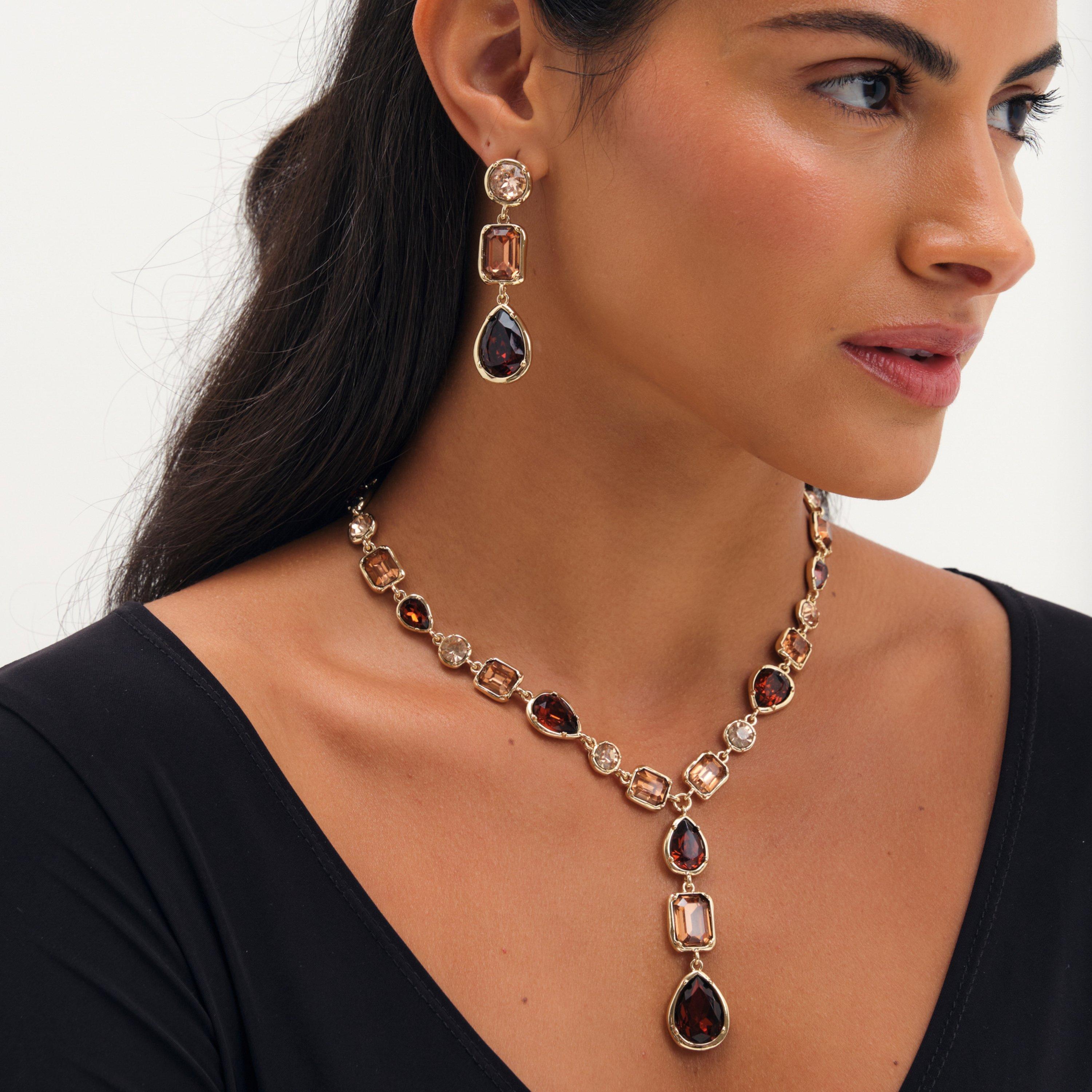 Gold - Mood - Gold Plated And Red Tonal Stone Y Drop Necklace - 2