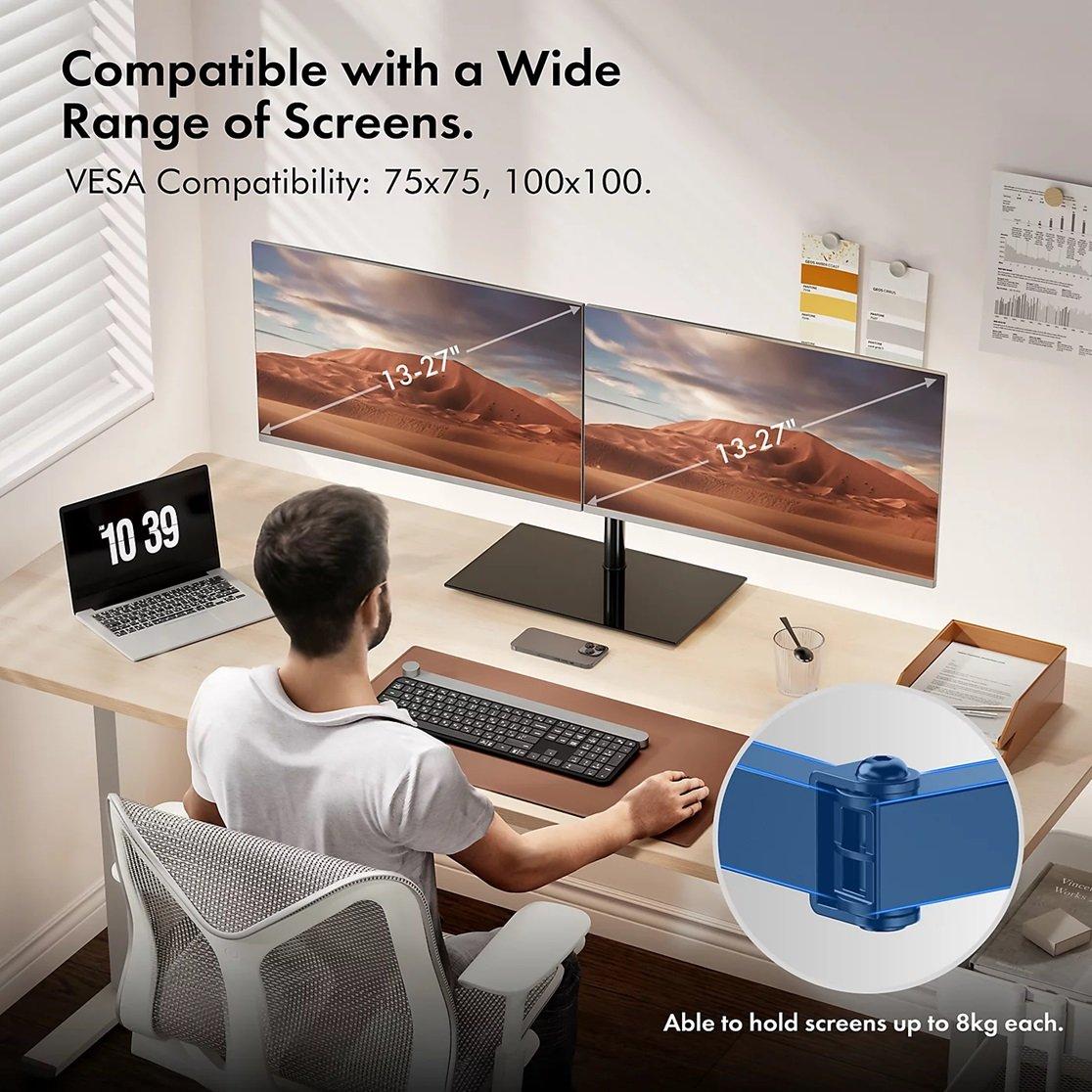 Black - VonHaus - Dual Monitor Stand With Glass Base - 2