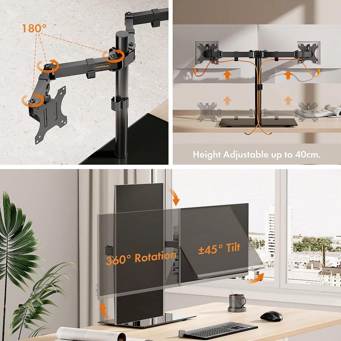 Black - VonHaus - Dual Monitor Stand With Glass Base - 3