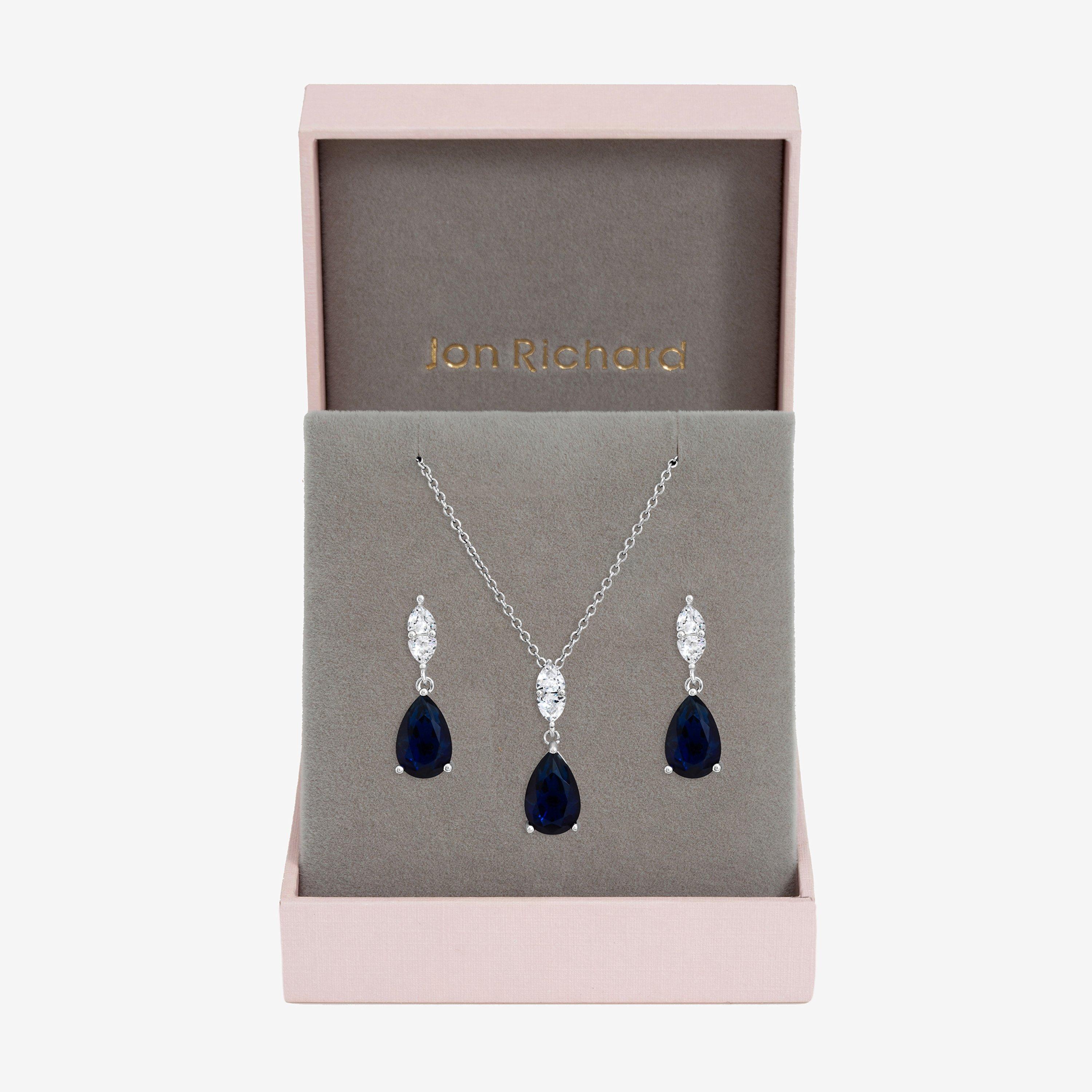 Silver - Jon Richard - Rhodium Plated And Sapphire Peardrop Box Set - 1