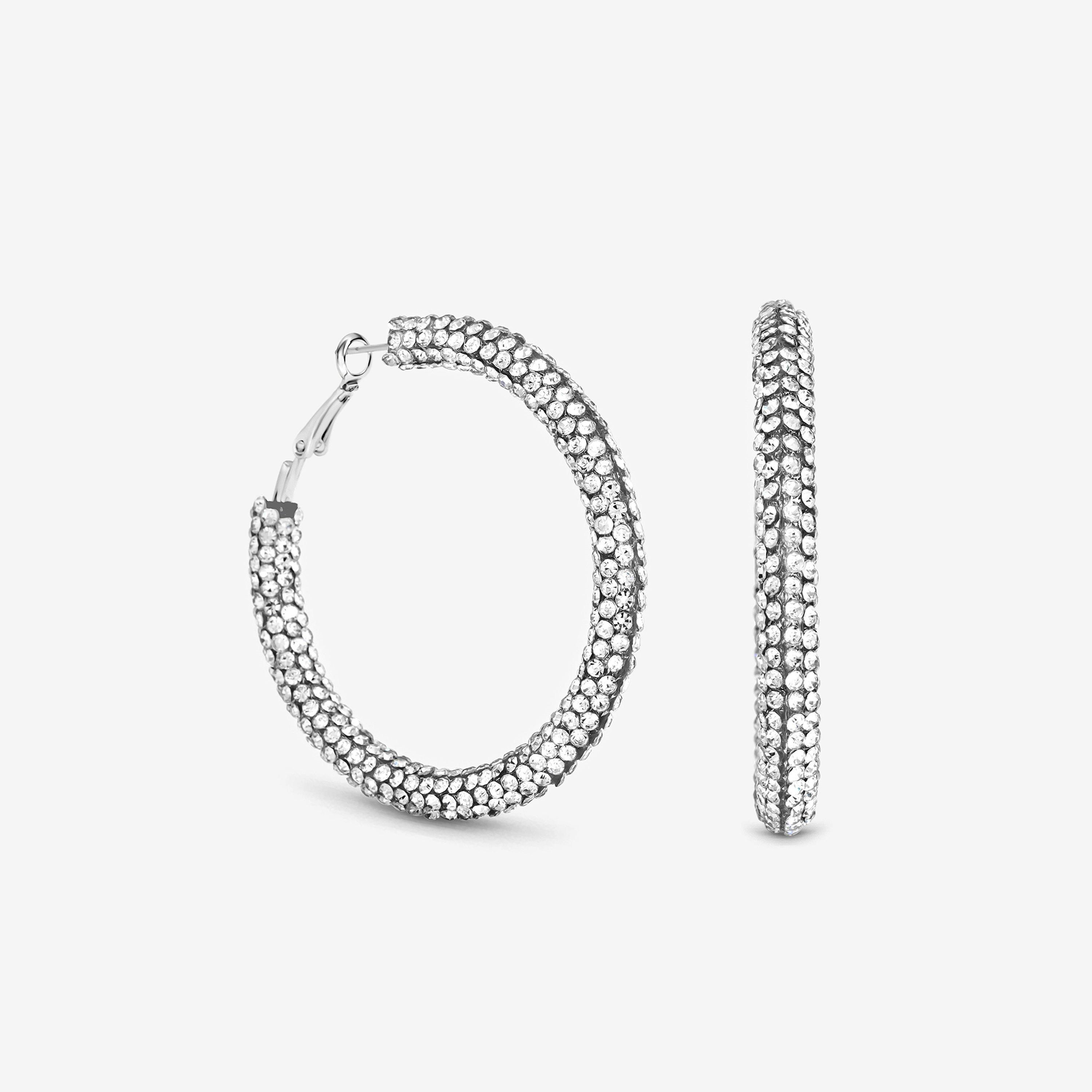 Silver - Mood - Silver Crystal Statement Hoop Earrings - 1