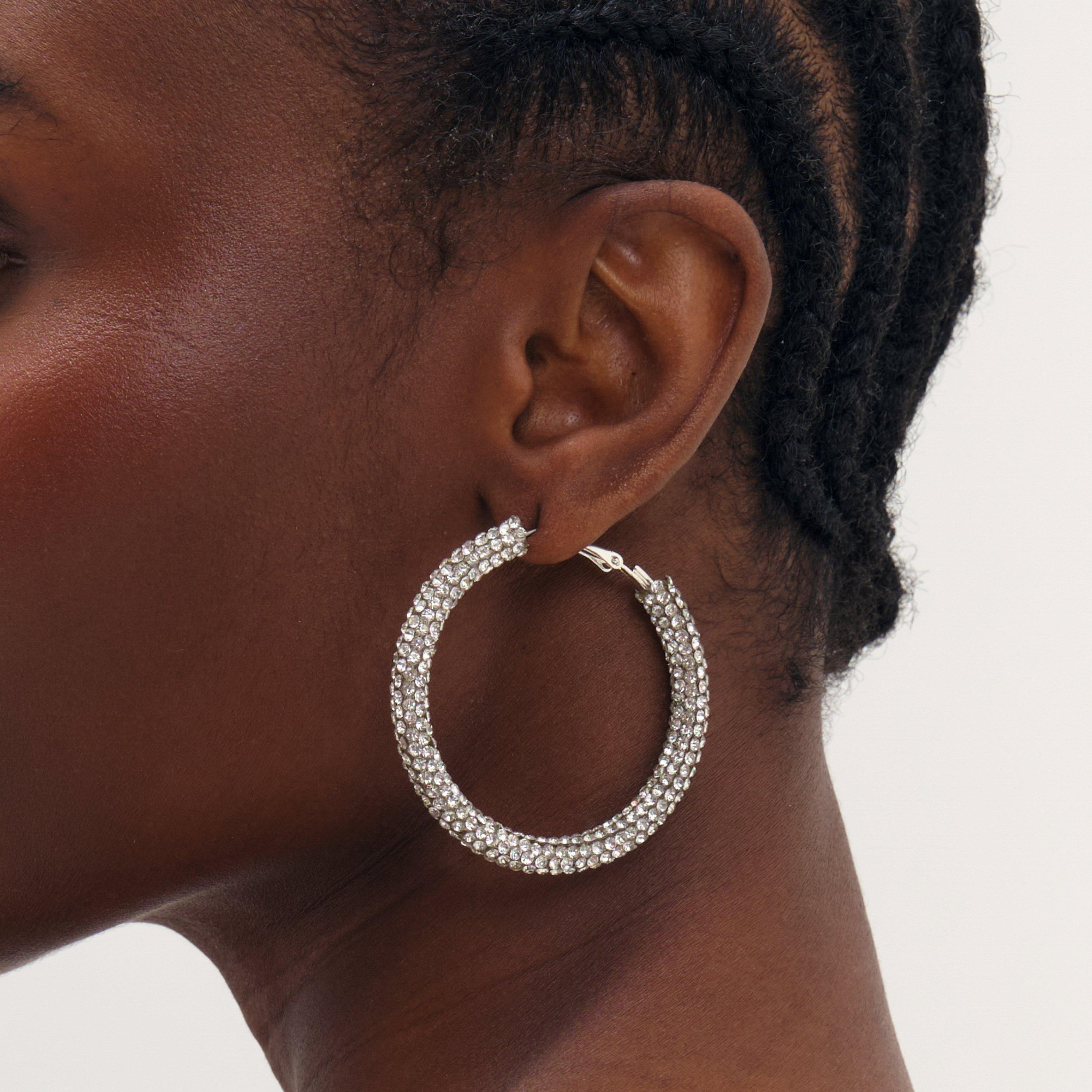 Silver - Mood - Silver Crystal Statement Hoop Earrings - 2