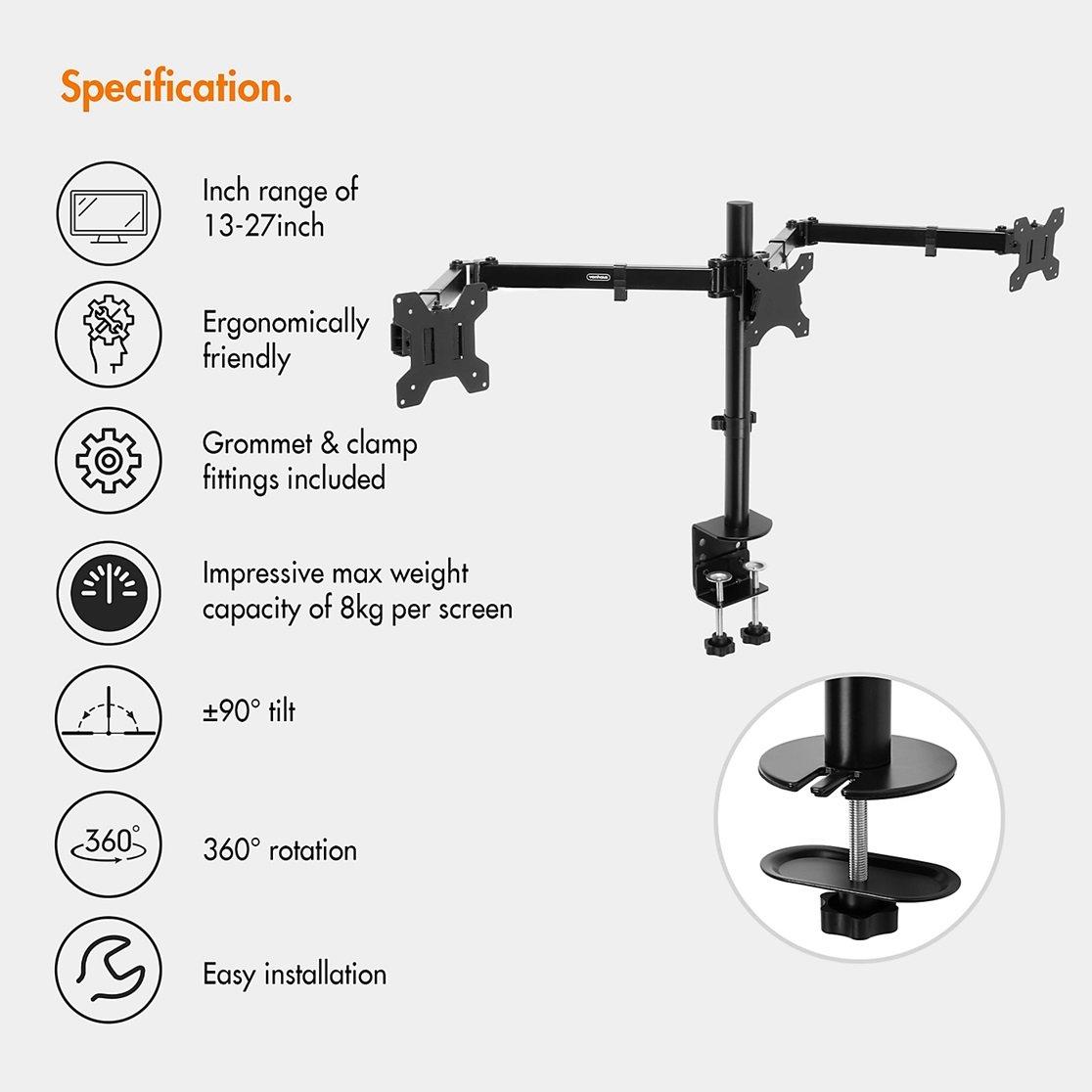 Black - VonHaus - Triple Monitor Clamp for 17-27 Screens - 8
