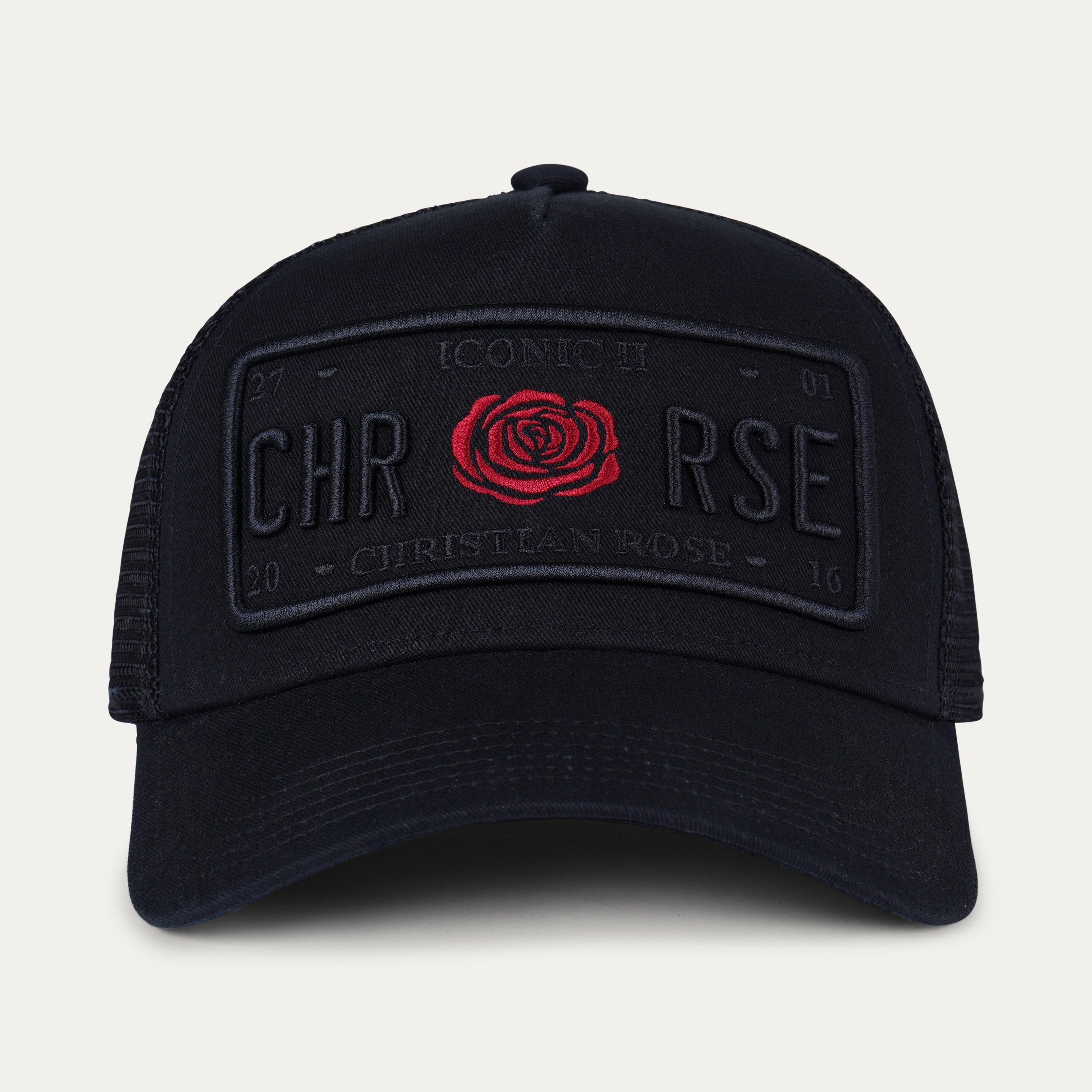 Black/Black - Christian Rose - Iconic II Red Rose Plate Trucker Cap - 2