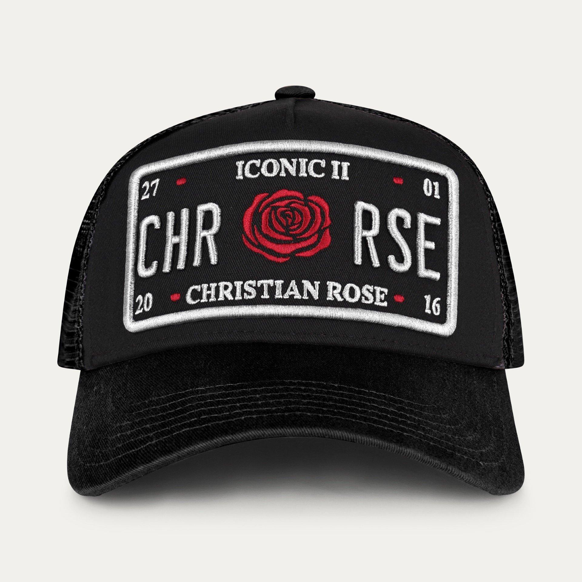 Black/White - Christian Rose - Iconic II Red Rose Plate Trucker Cap - 2