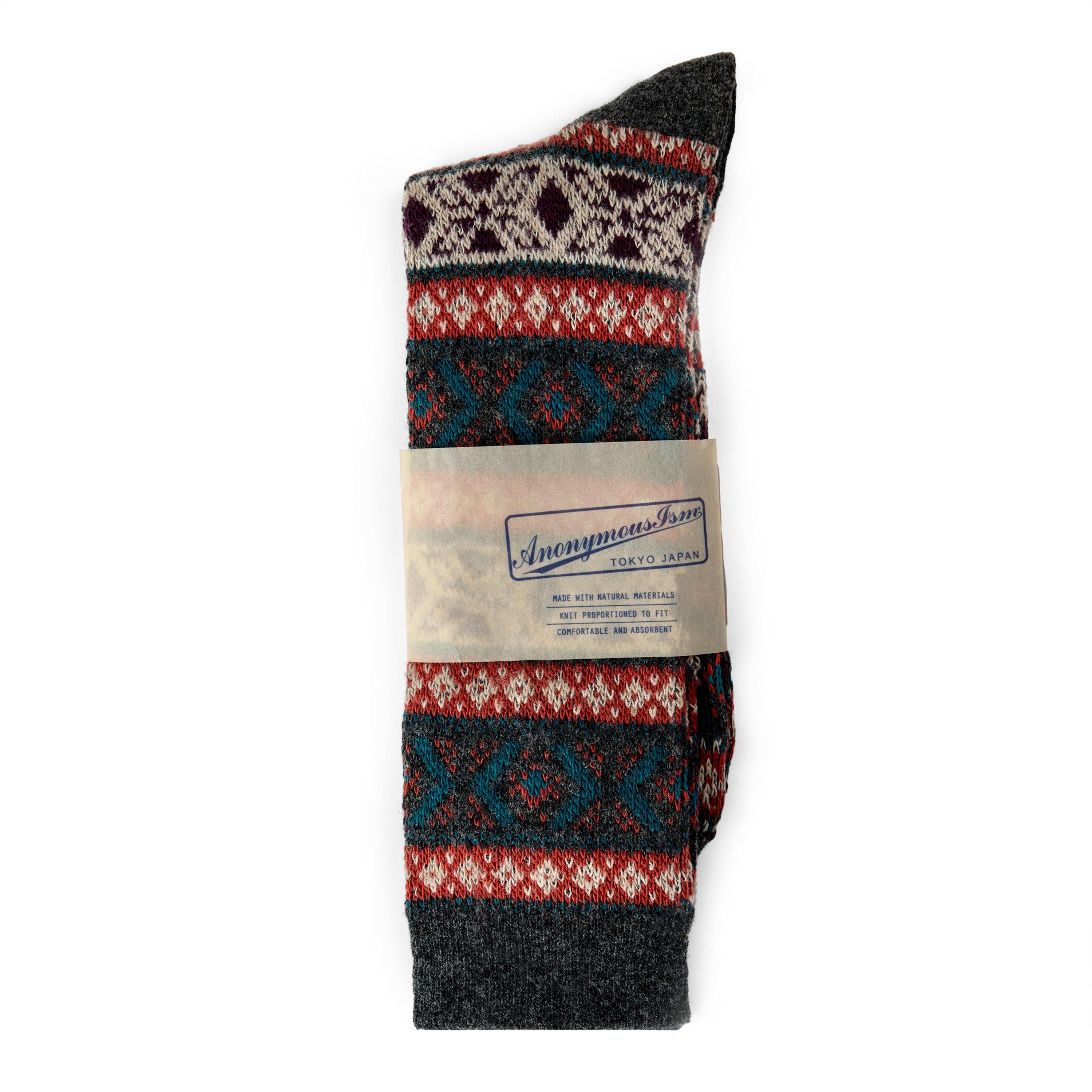 CHARCOAL - ANONYMOUSISM - Men's Wool Fair-Isle Crew Socks - 2