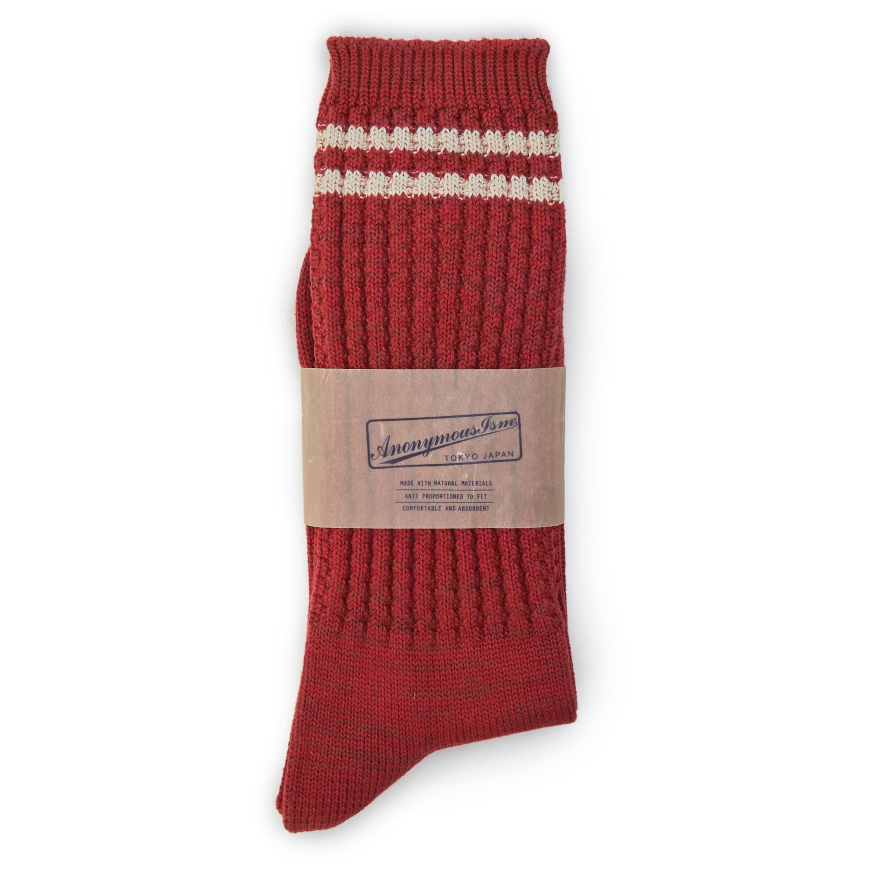 RED AND WHITE - ANONYMOUSISM - Men's 2-Line Pique Rib Cotton Crew Socks - 2