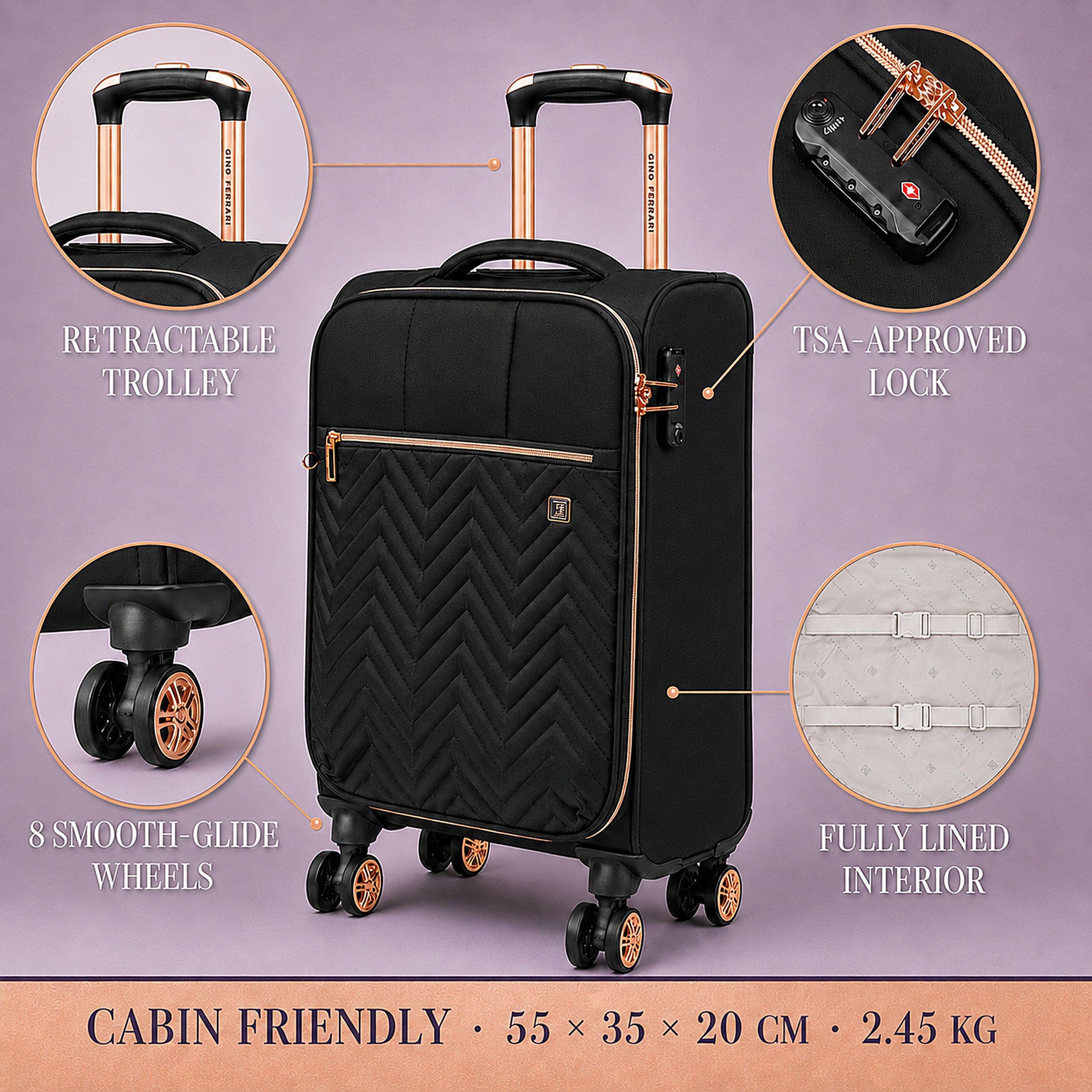 Black - Gino Ferrari - Biella Soft Shell Cabin Suitcase Flight Luggage - 3