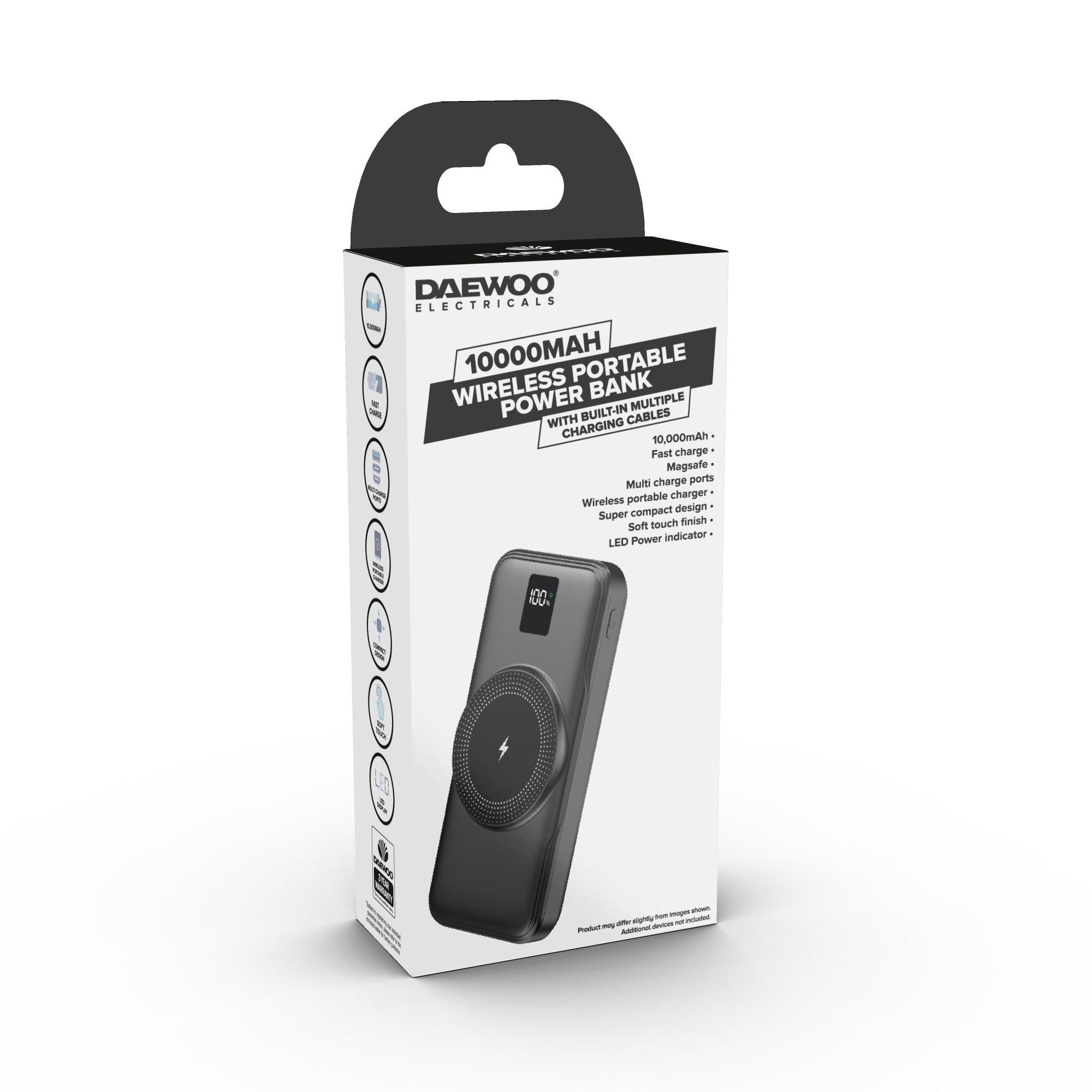 Black - Daewoo Electricals - 10000mAh Portable Power Bank with Built-in Cables - 2