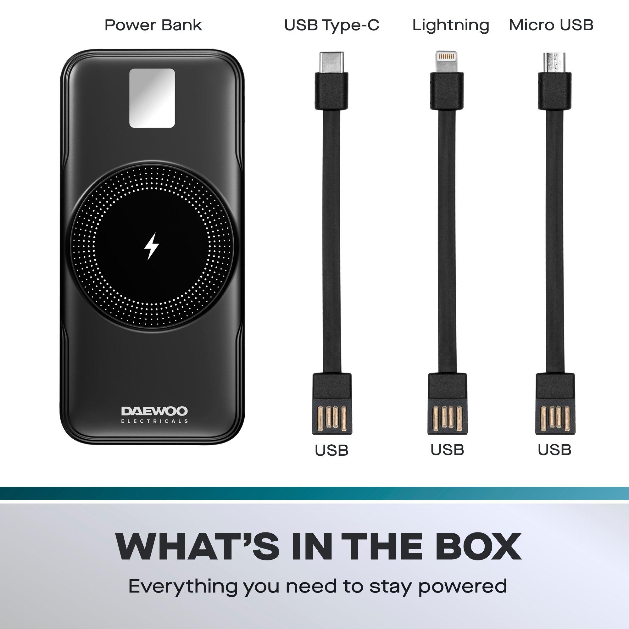 Black - Daewoo Electricals - 10000mAh Portable Power Bank with Built-in Cables - 7