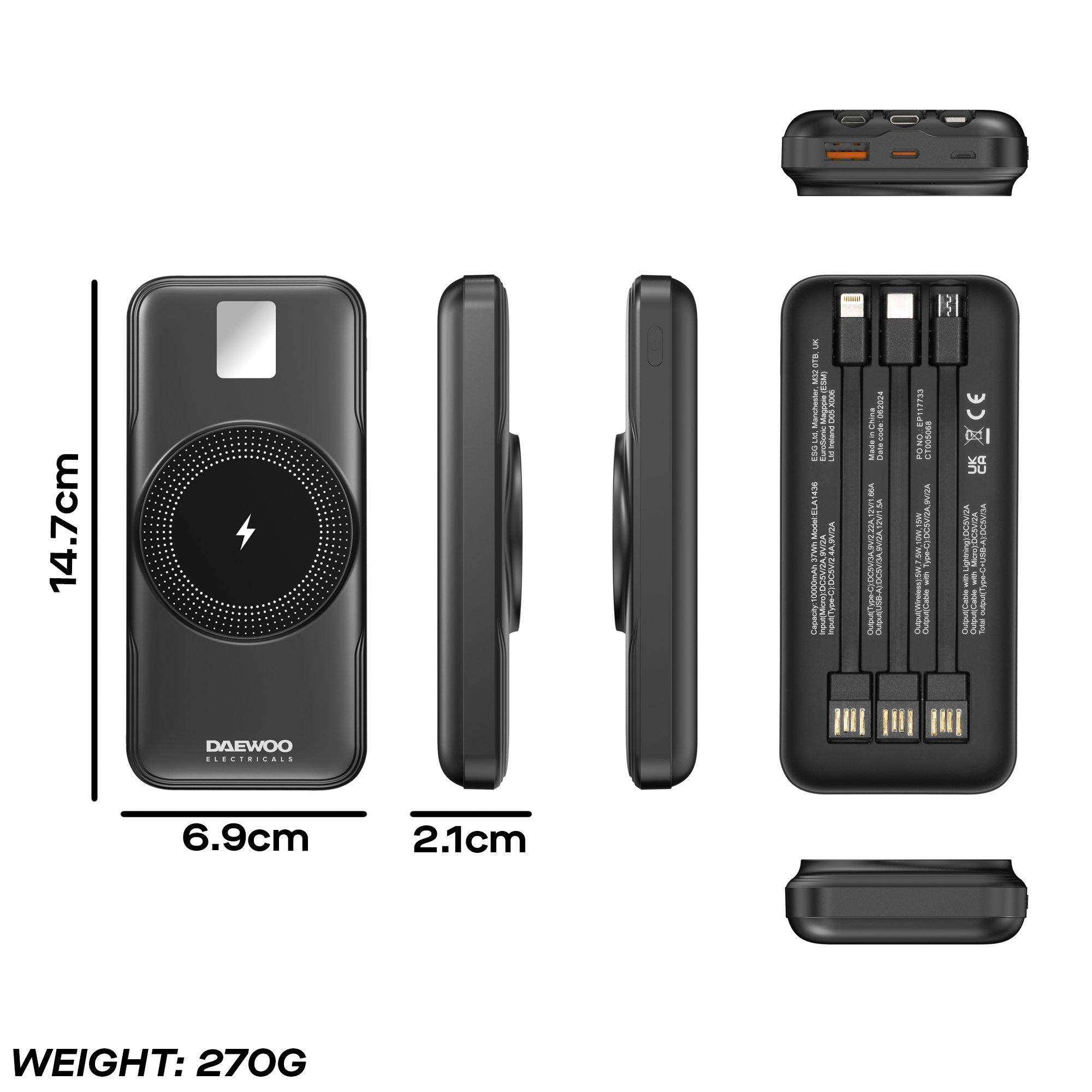 Black - Daewoo Electricals - 10000mAh Portable Power Bank with Built-in Cables - 8