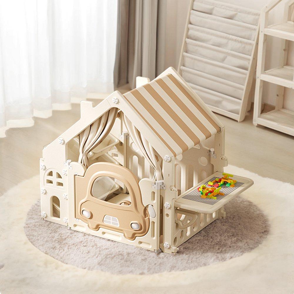 Khaki White - KIDKID - Kids Plastic Playhouse with Building Block Table - 1