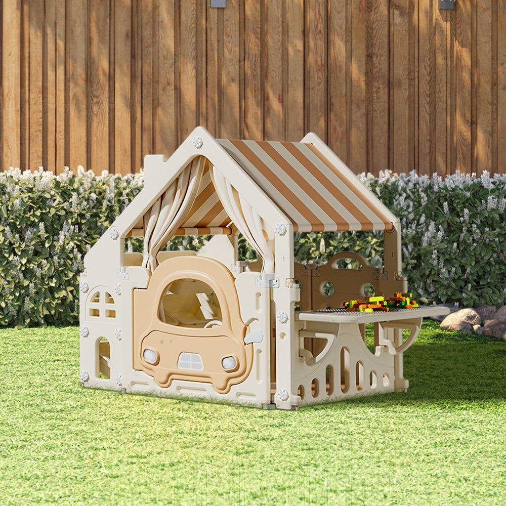 Khaki White - KIDKID - Kids Plastic Playhouse with Building Block Table - 2