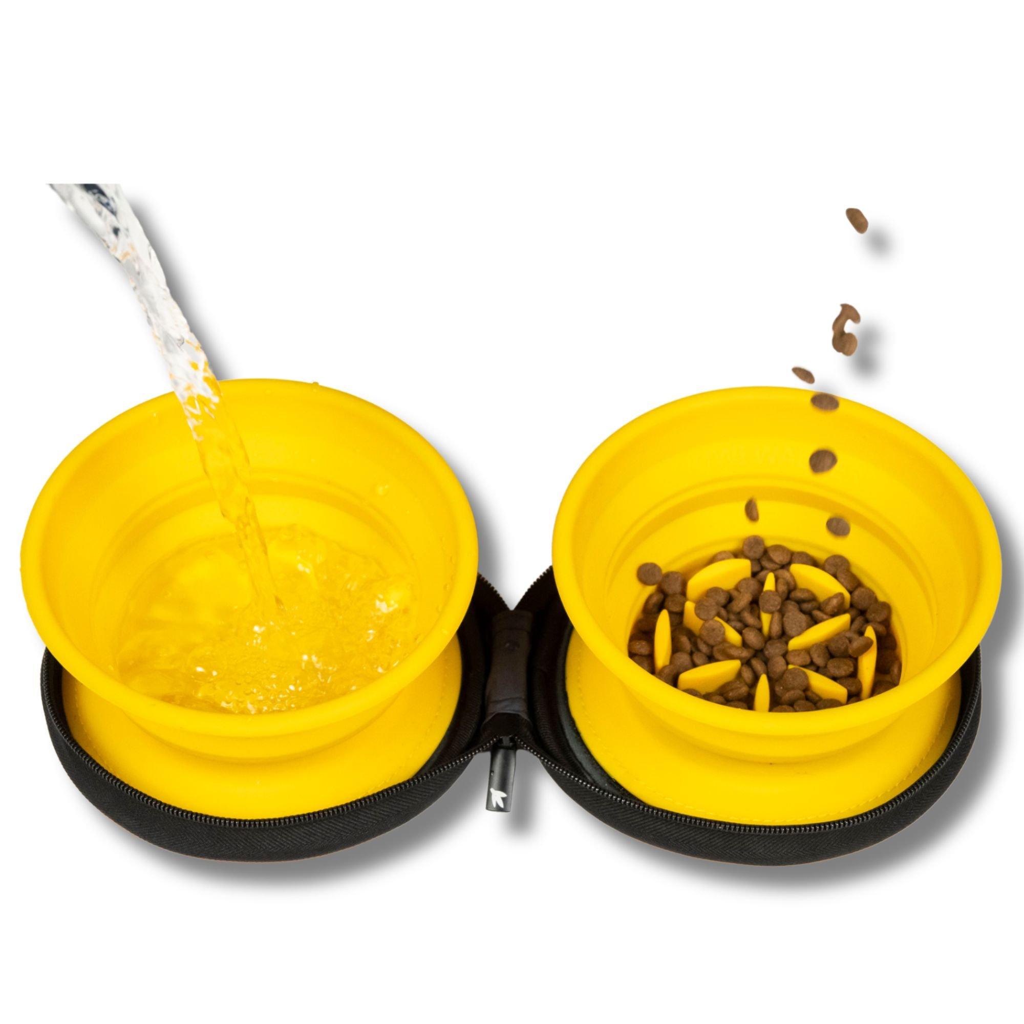 Kiwi Walker  Double Travel Bowl With Slow Feeder - Orange