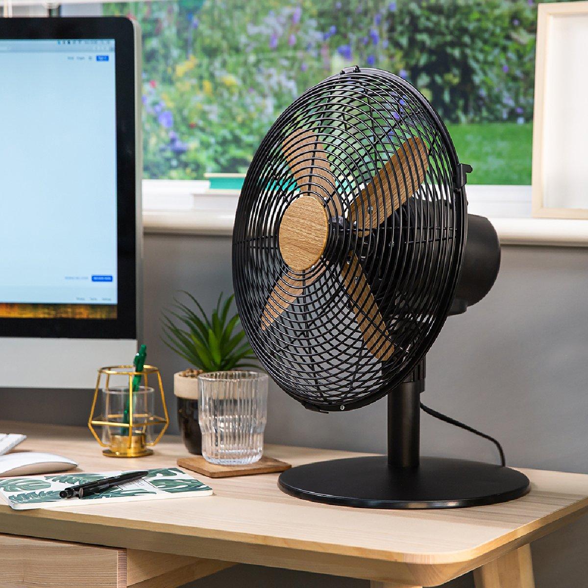 Black With Wood - Russell Hobbs - RHMDF1201WDB 12" Black Scandi Style Desk Fan - 3