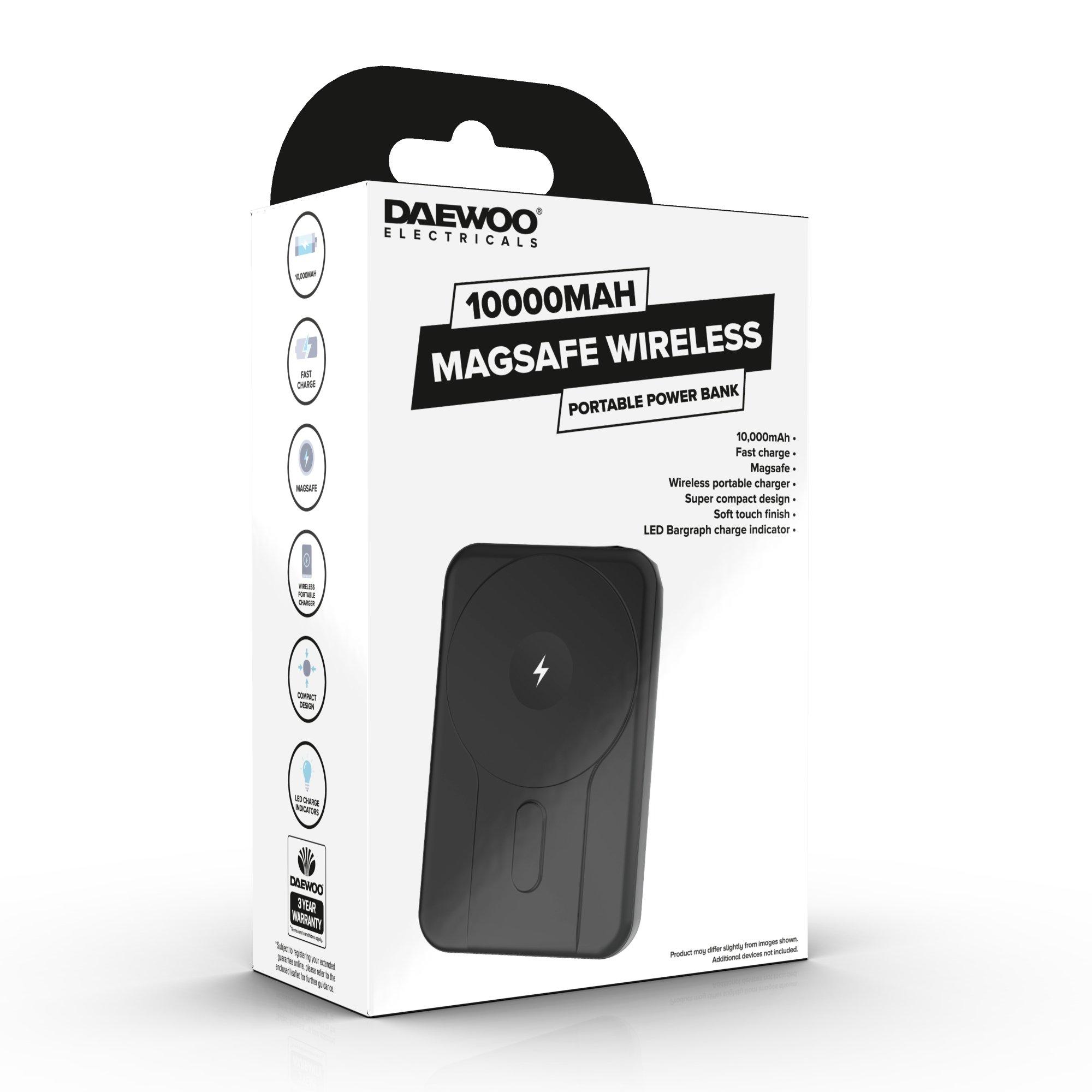 Black - Daewoo Electricals - 10000mAh Portable MagSafe Wireless Power Bank - 2