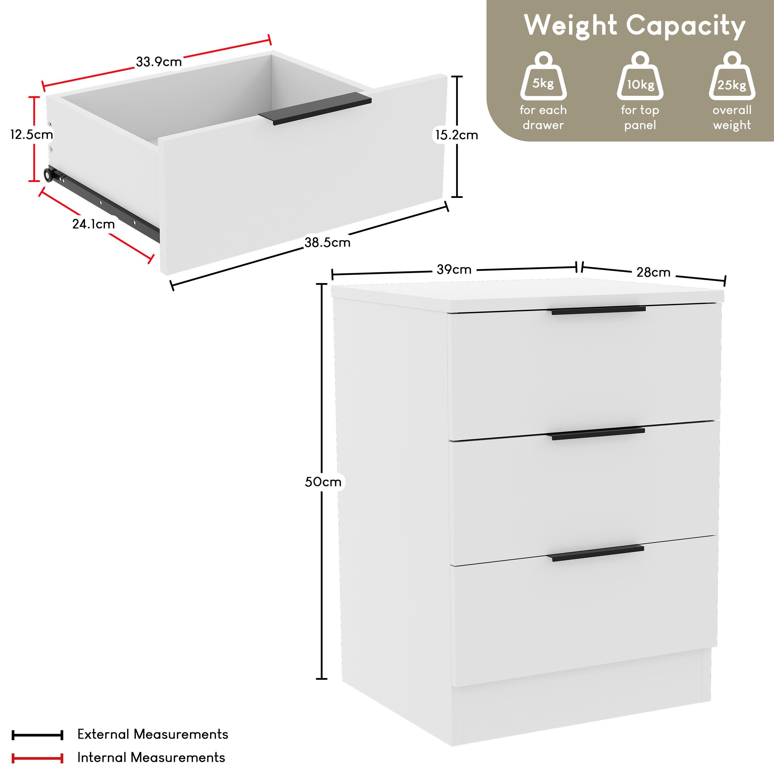 White - Lassic - Trega 3 Drawer Bedside Chest - 2