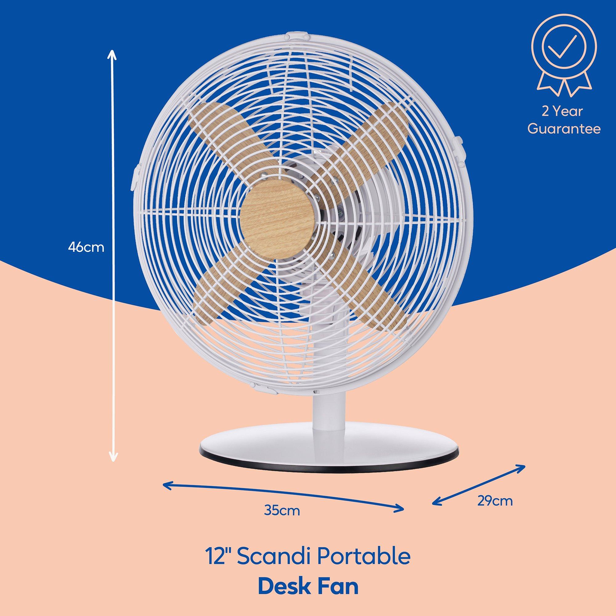 White With Wood - Russell Hobbs - RHMDF1201WDW 12" White Scandi Style Desk Fan - 2