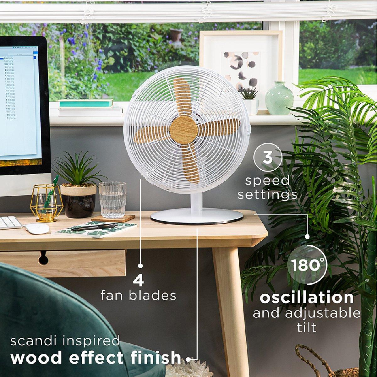 White With Wood - Russell Hobbs - RHMDF1201WDW 12" White Scandi Style Desk Fan - 3