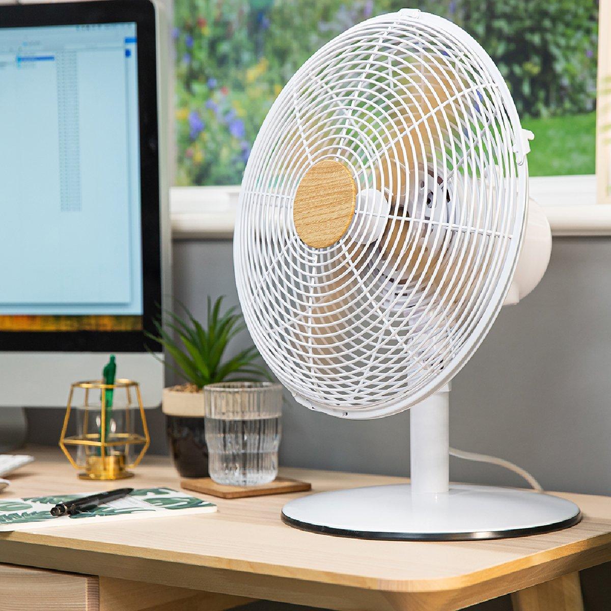 White With Wood - Russell Hobbs - RHMDF1201WDW 12" White Scandi Style Desk Fan - 5