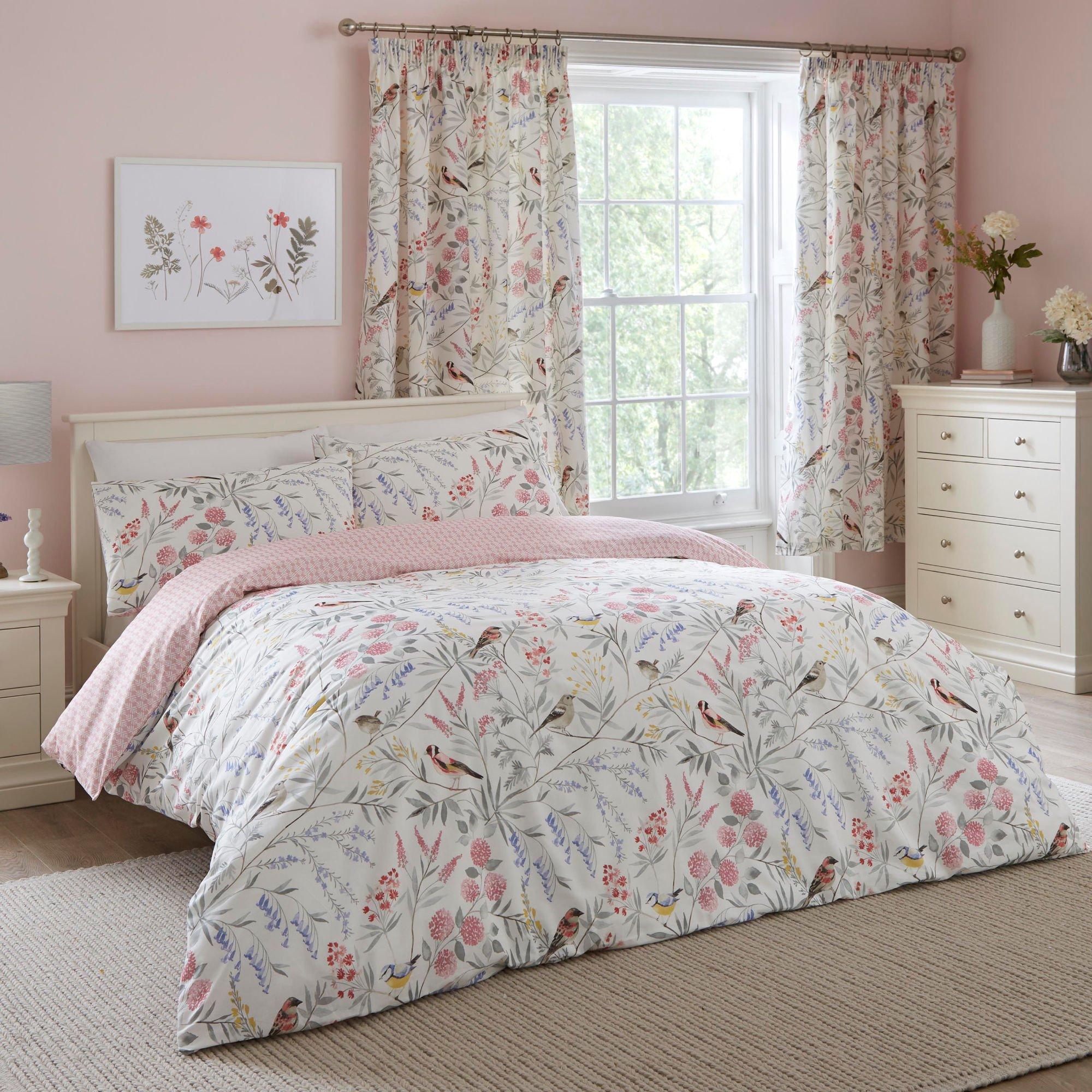 Pink - Dreams and Drapes - Caraway Garden Birds Print Duvet Cover Set in Pink - 1