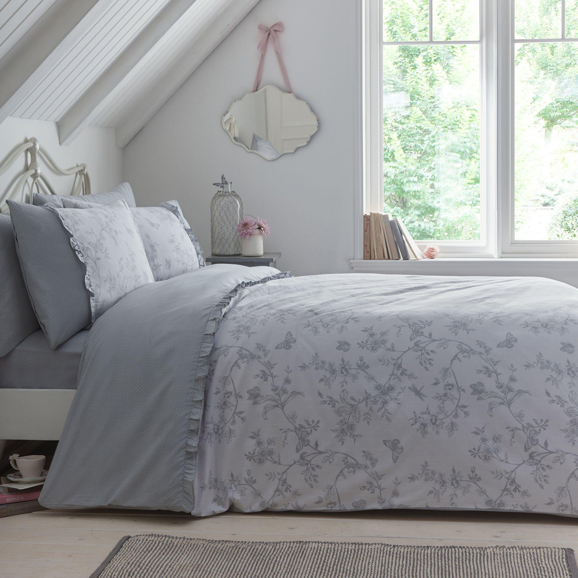 Grey - Dreams and Drapes - Kristen Floral Frill Duvet Cover Set in Grey - 1