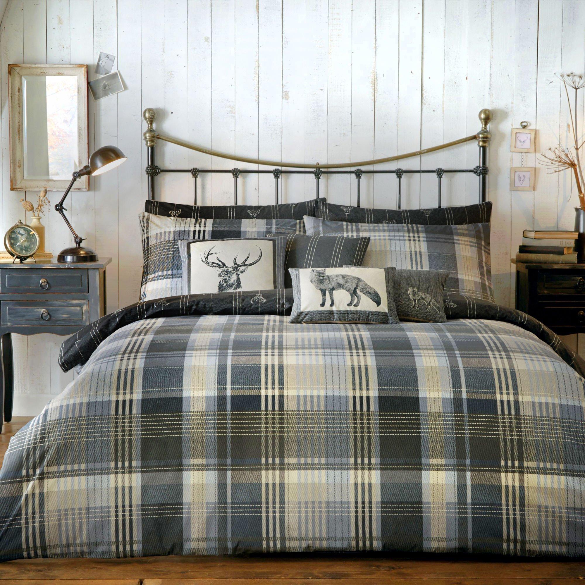 Charcoal - Dreams and Drapes - Connolly Check Brushed Cotton Duvet Cover Ochre - 1