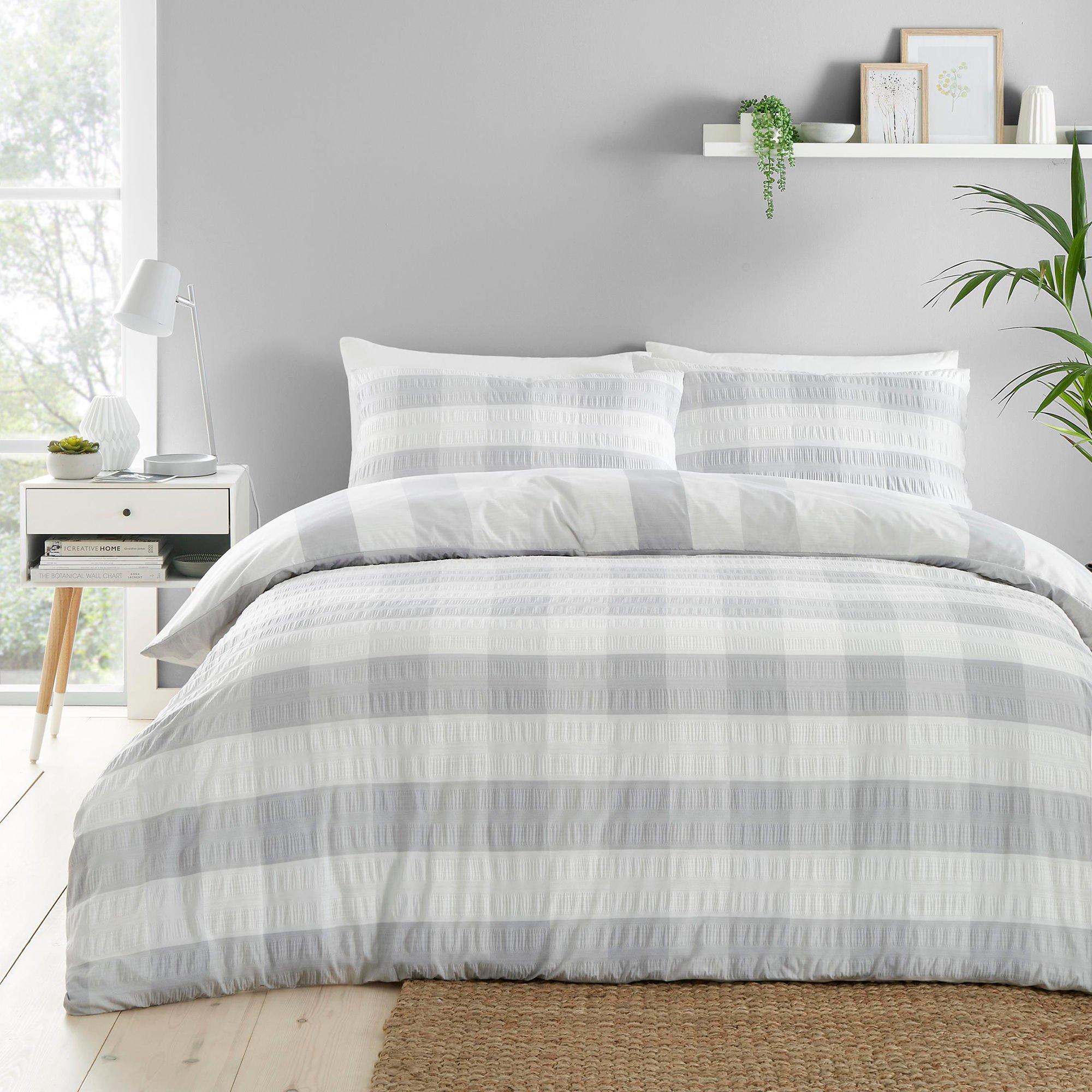 Fusion  Seersucker Gingham Check Brushed Duvet Cover Set - Silver - King