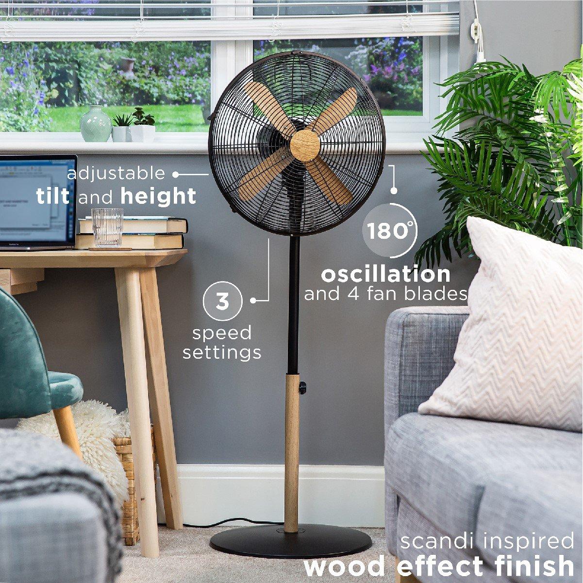 Black With Wood - Russell Hobbs - RHMPF1601WDB 16" Black Scandi Style Pedestal Fan - 3