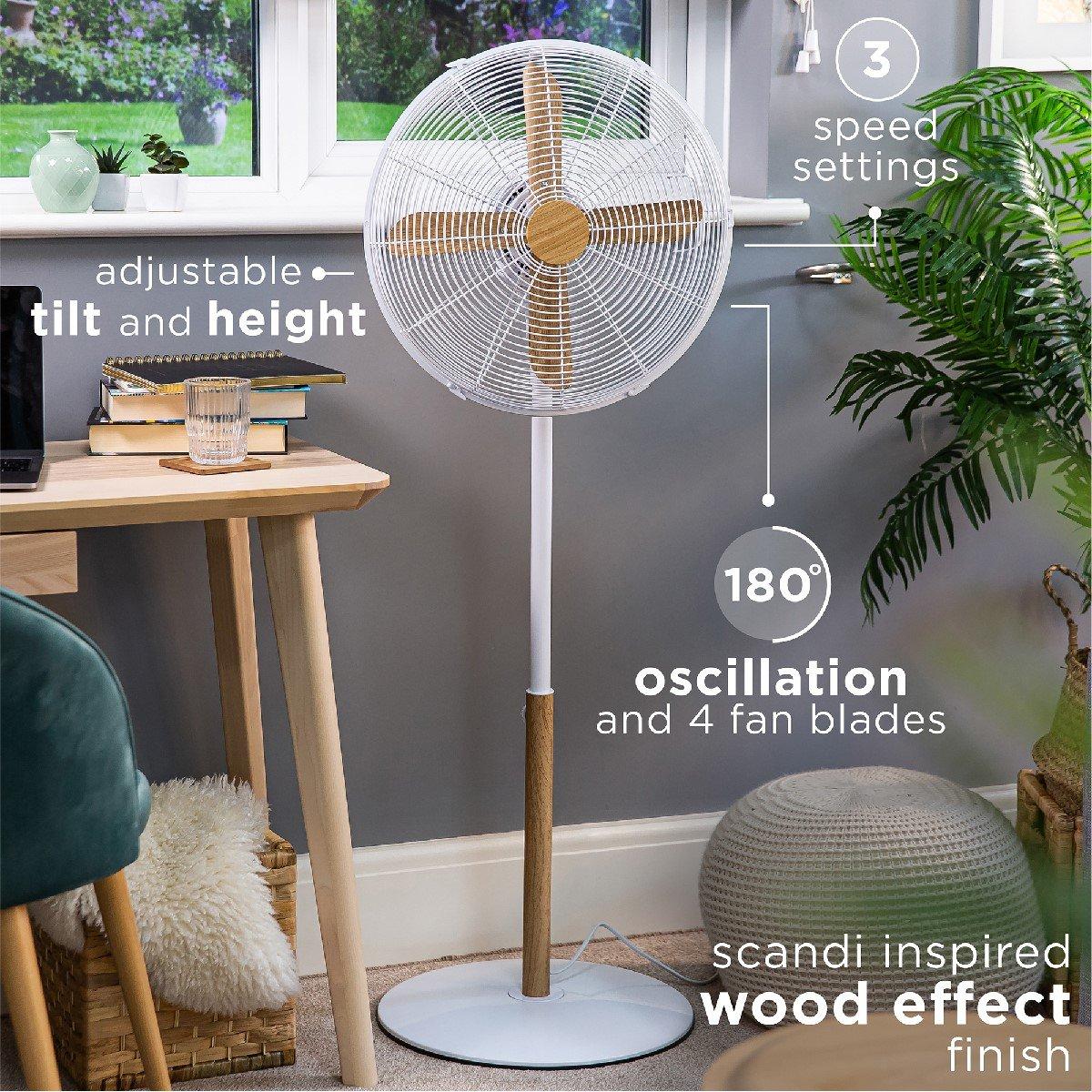 White With Wood - Russell Hobbs - RHMPF1601WDW 16" White Scandi Style Pedestal Fan - 3