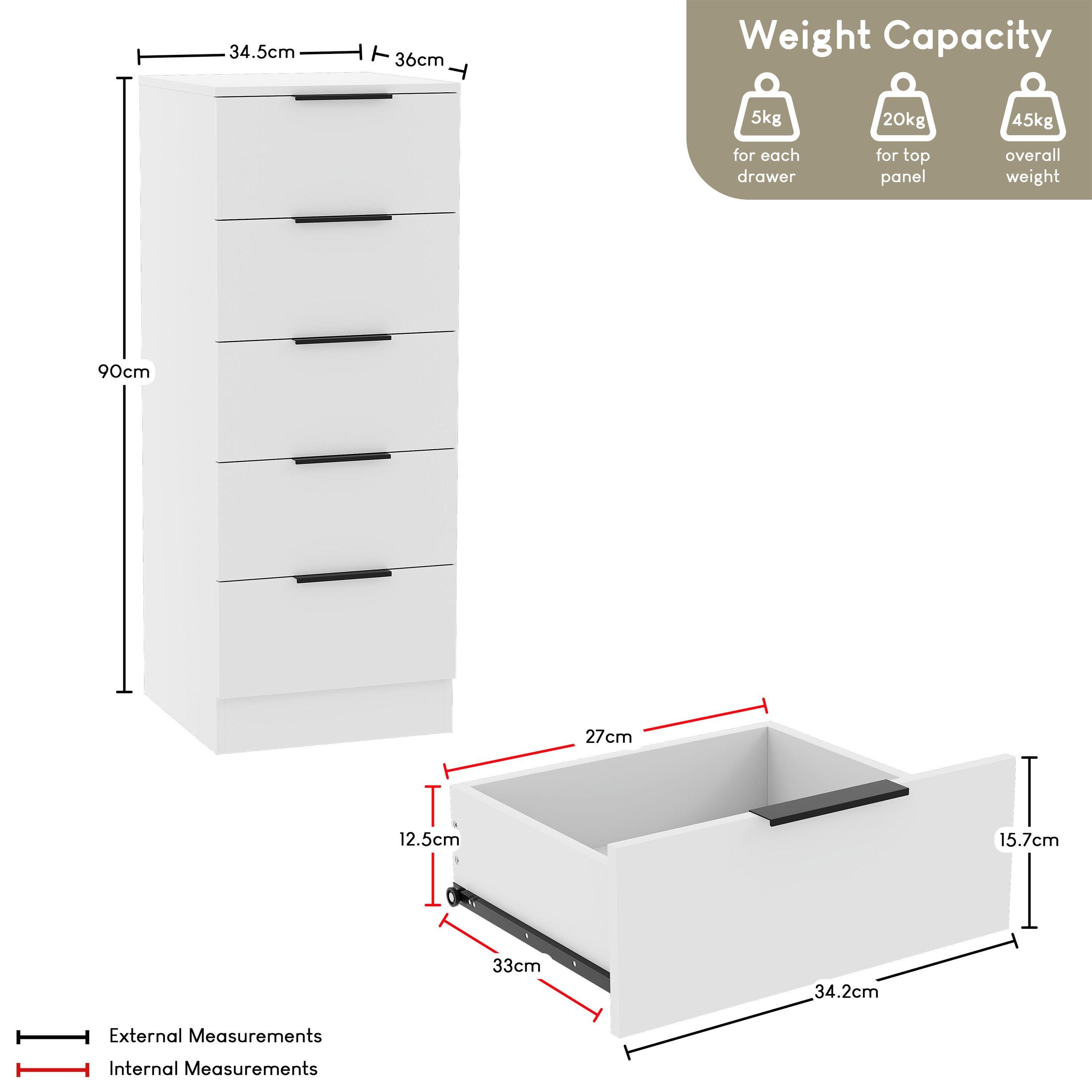 White - Lassic - Trega 5 Drawer Narrow Chest of Drawers - 2