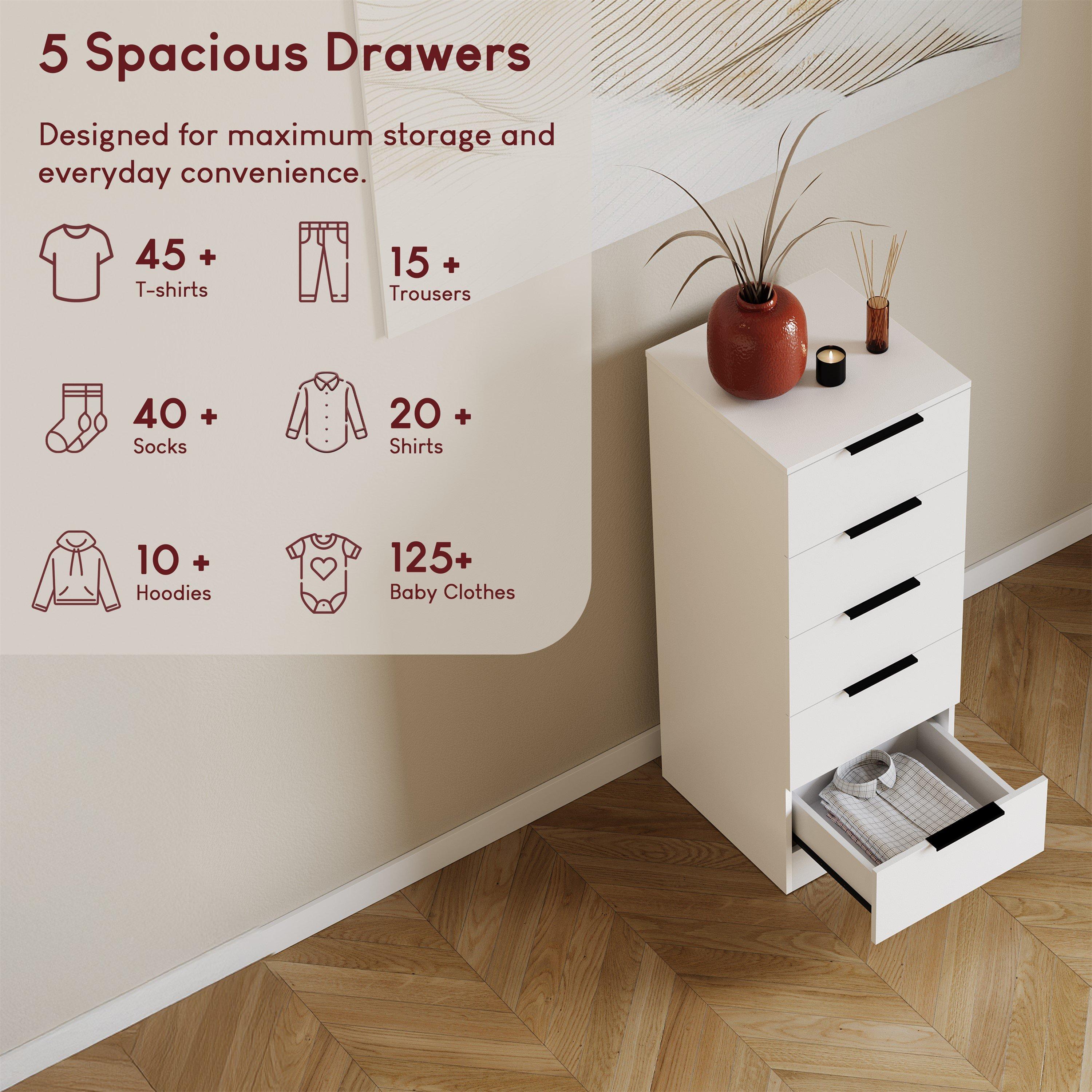 White - Lassic - Trega 5 Drawer Narrow Chest of Drawers - 4