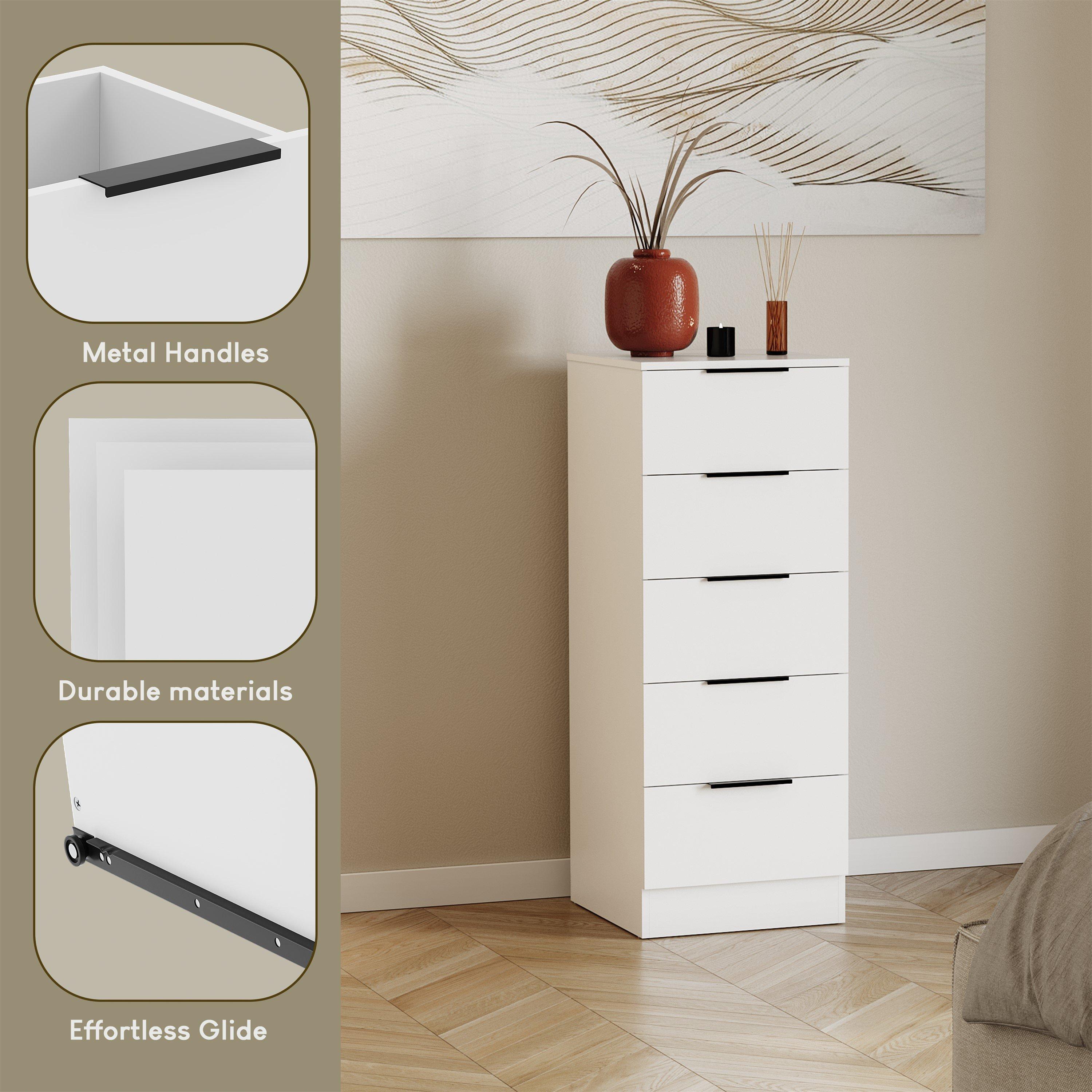 White - Lassic - Trega 5 Drawer Narrow Chest of Drawers - 7