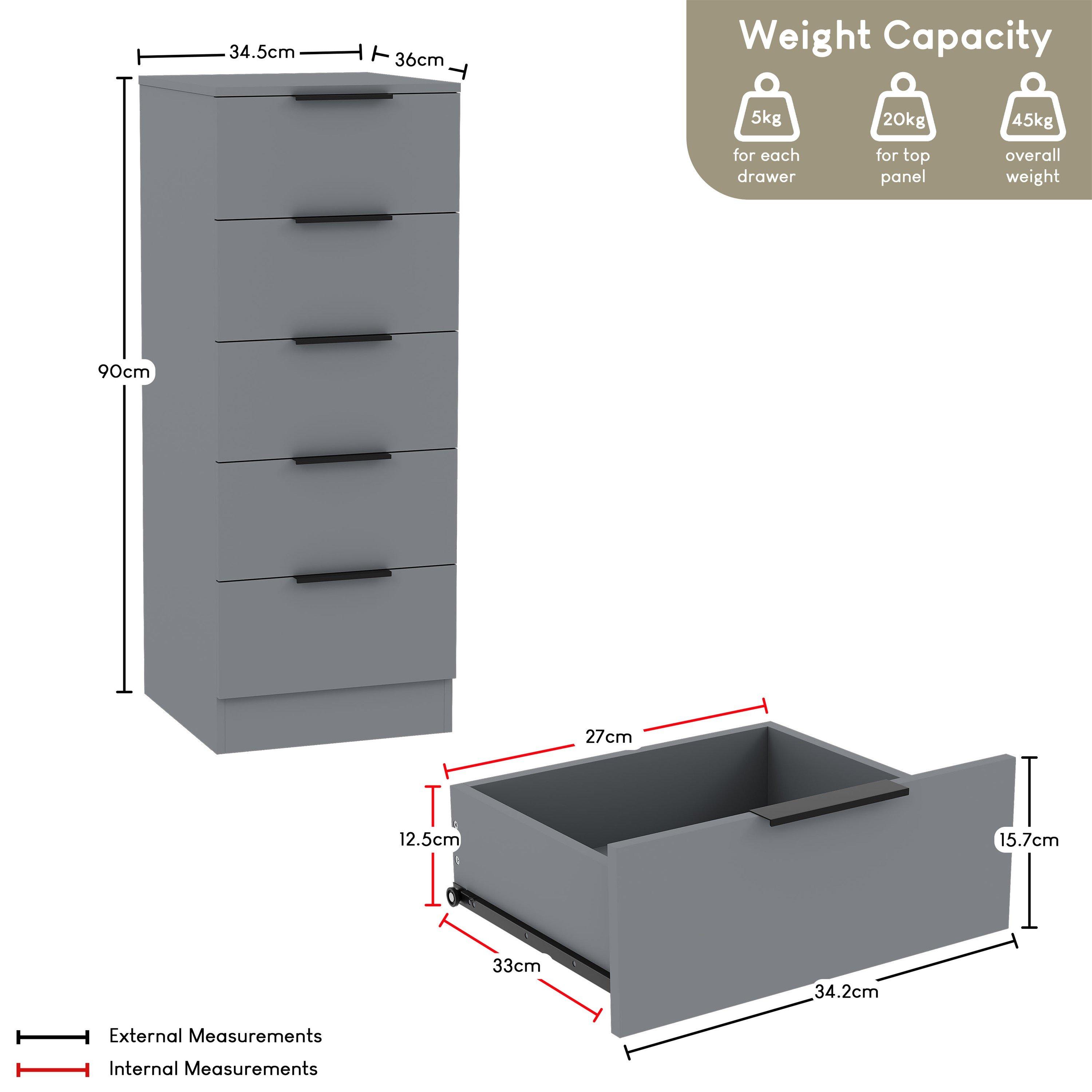 Grey - Lassic - Trega 5 Drawer Narrow Chest of Drawers - 2