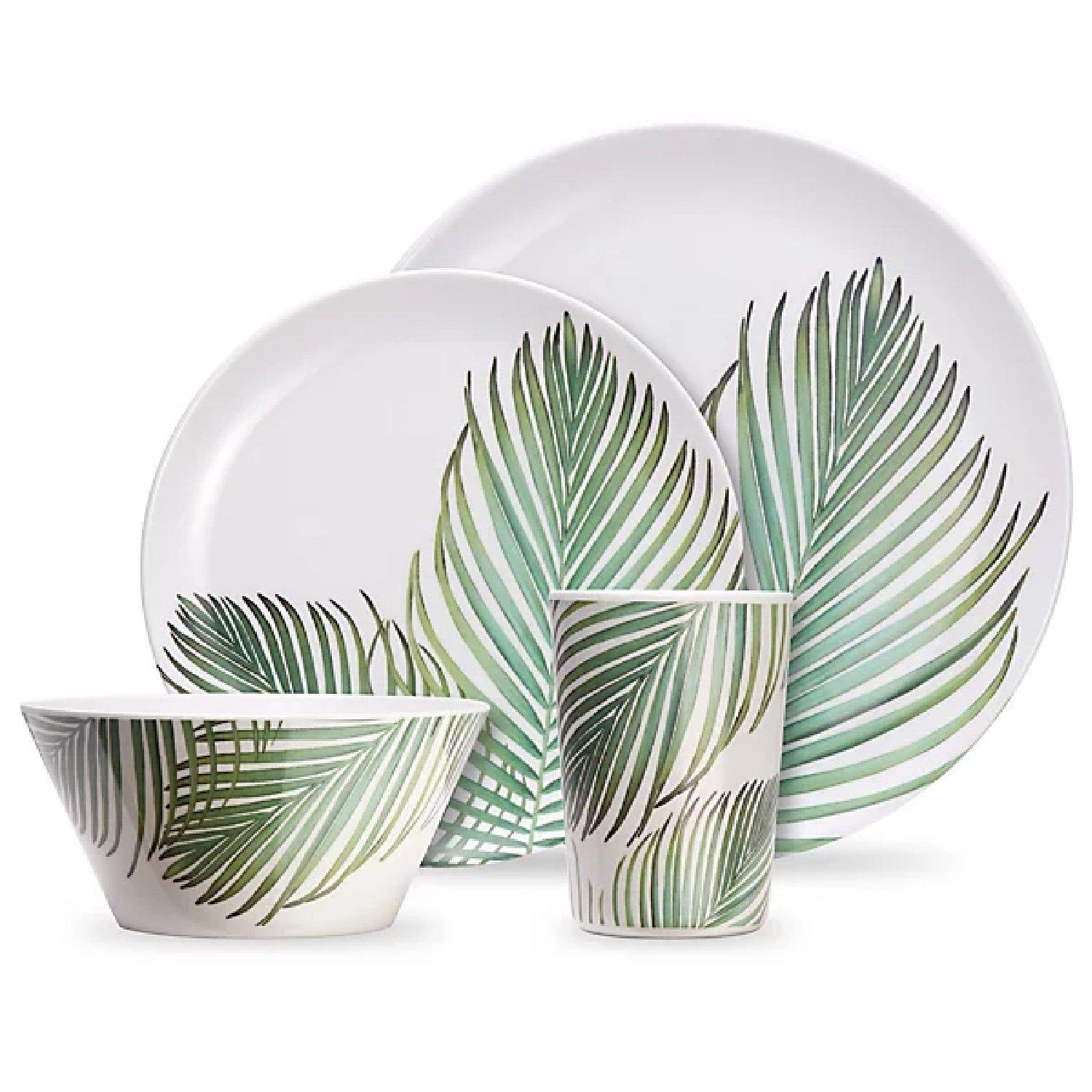 White - VonShef - VonShef Melamine Dinnerware Set, 16Pc Leaf Print - 1