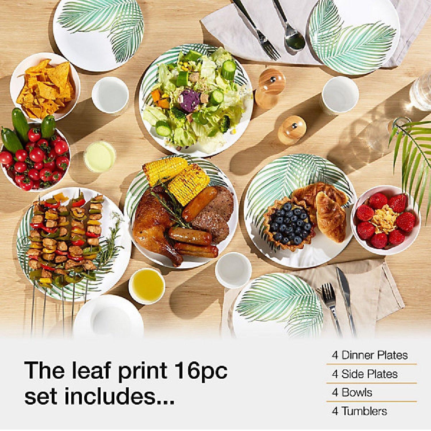 White - VonShef - VonShef Melamine Dinnerware Set, 16Pc Leaf Print - 2