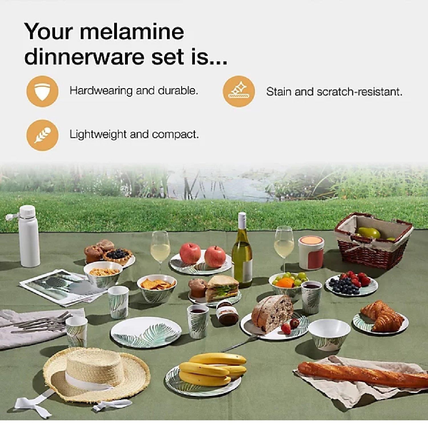 White - VonShef - VonShef Melamine Dinnerware Set, 16Pc Leaf Print - 3