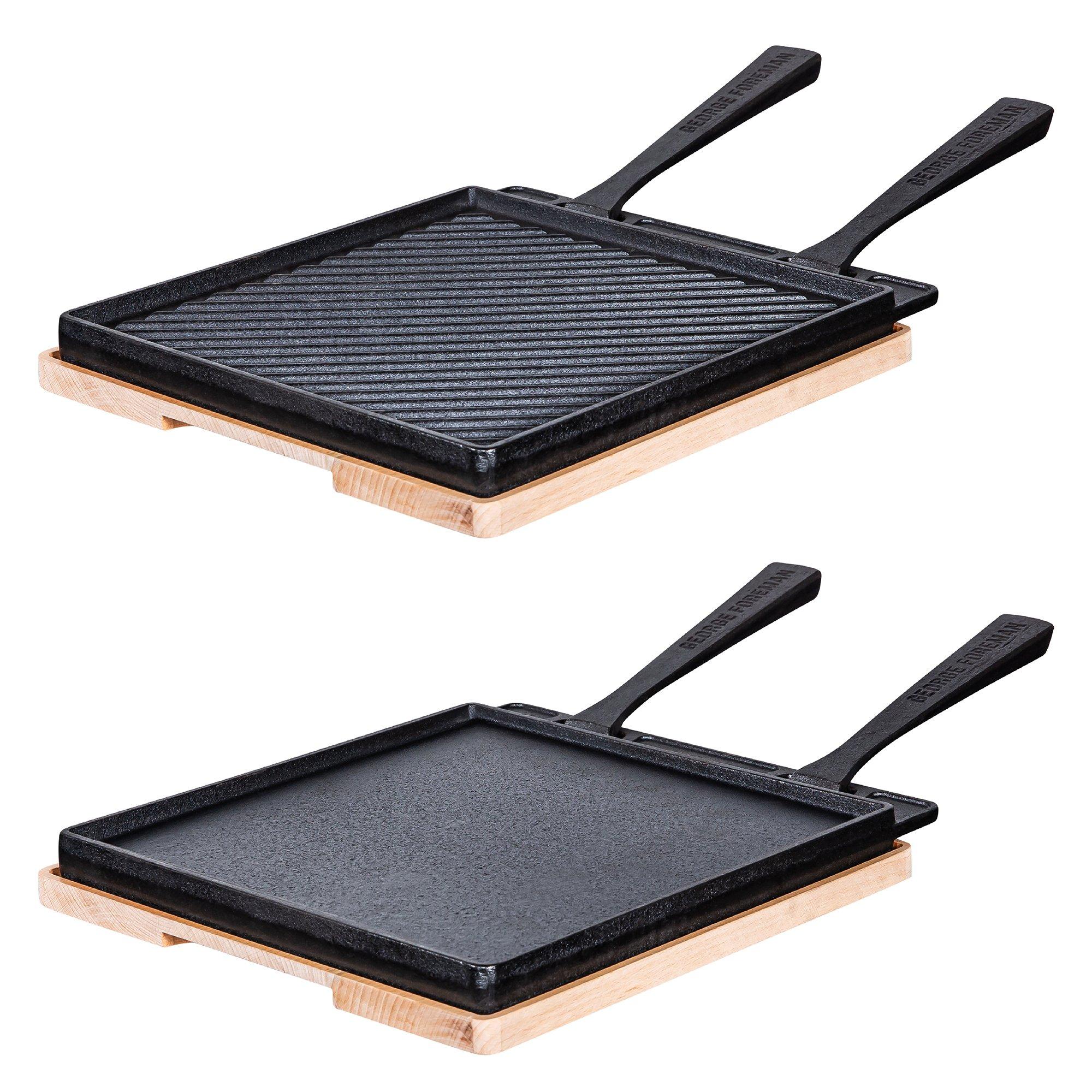 Black - George Foreman - GFDSGP01 Dual-Sided Griddle Plate with Beech Tray - 10