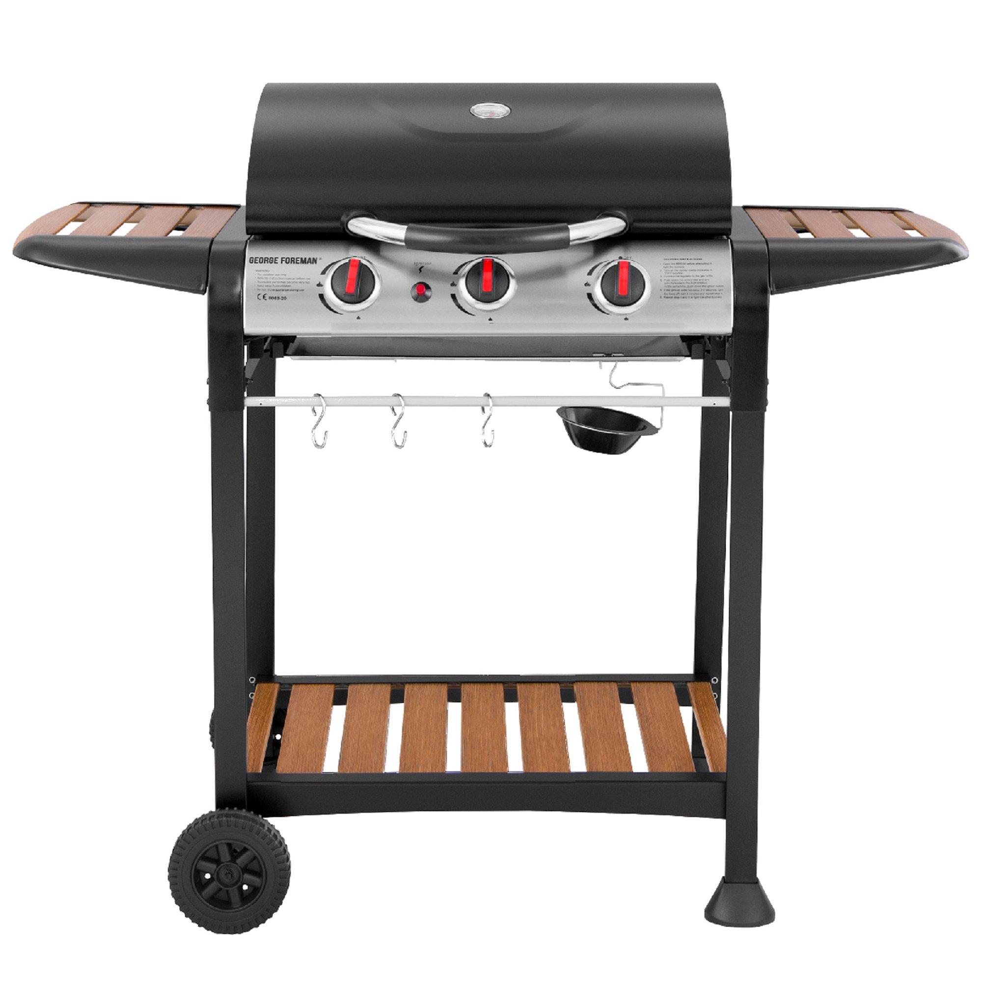George Foreman GFGBBQ3BW 3 Burner Gas BBQ Black & Wood