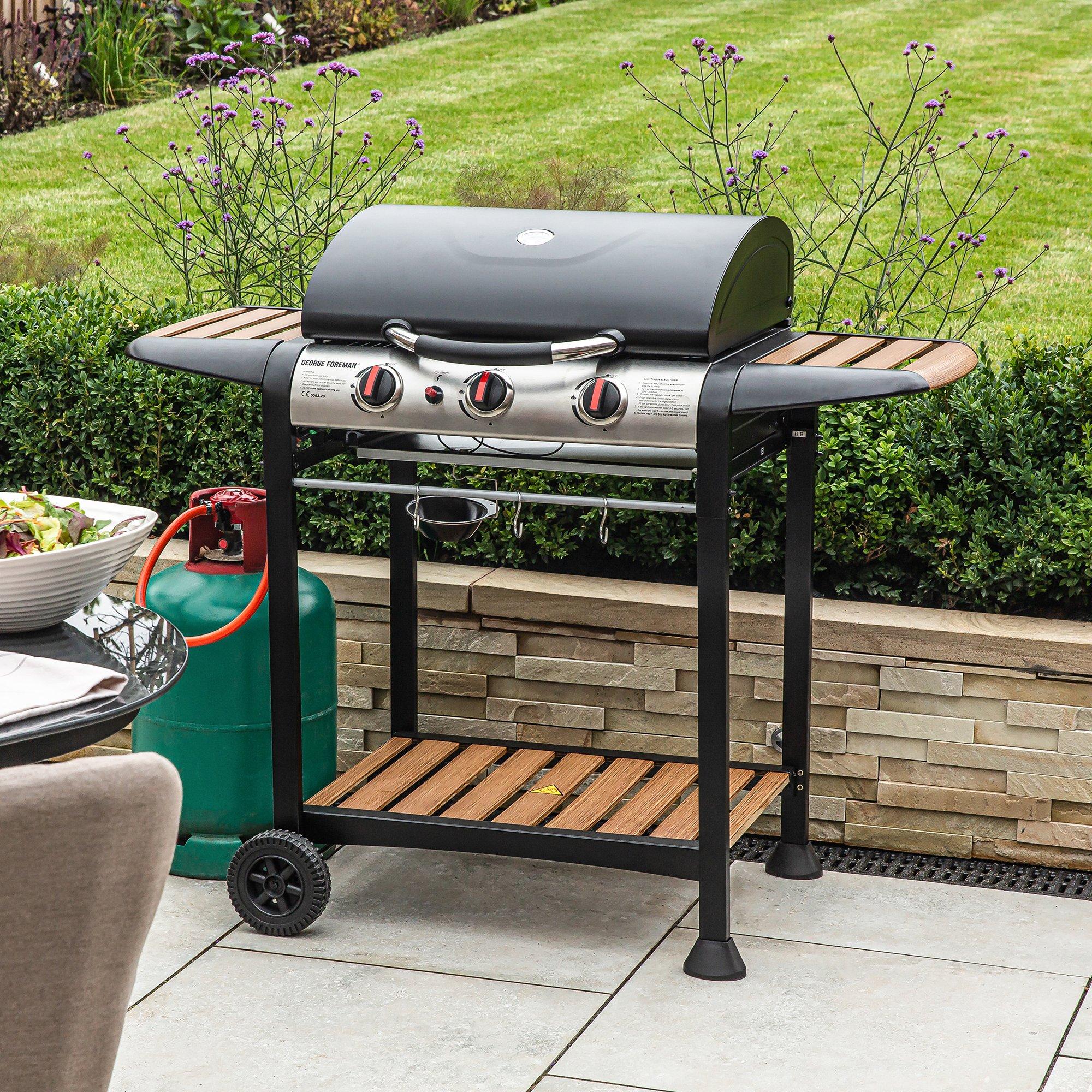 Black - George Foreman - GFGBBQ3BW 3 Burner Gas BBQ Black & Wood - 2