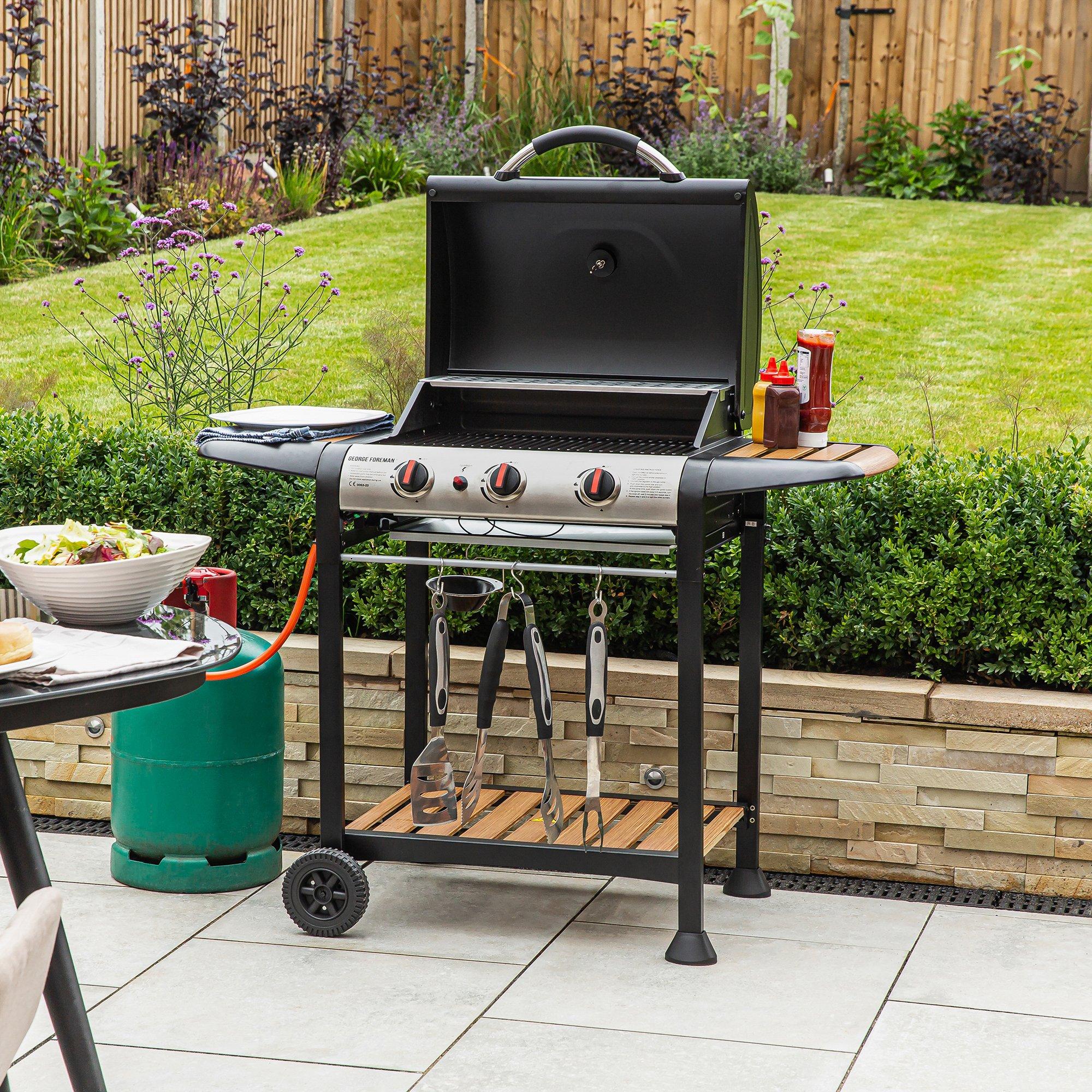 Black - George Foreman - GFGBBQ3BW 3 Burner Gas BBQ Black & Wood - 3