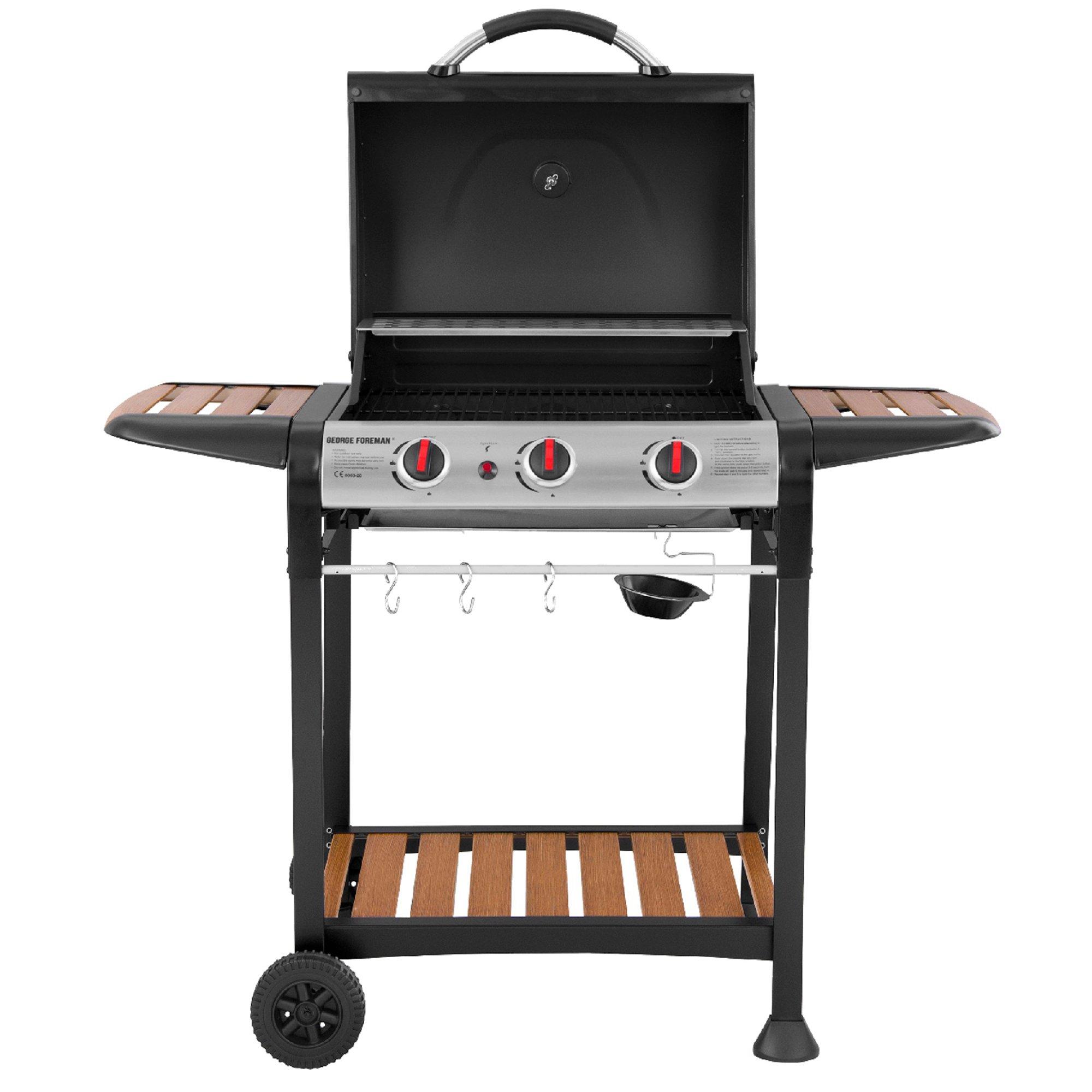 Black - George Foreman - GFGBBQ3BW 3 Burner Gas BBQ Black & Wood - 7