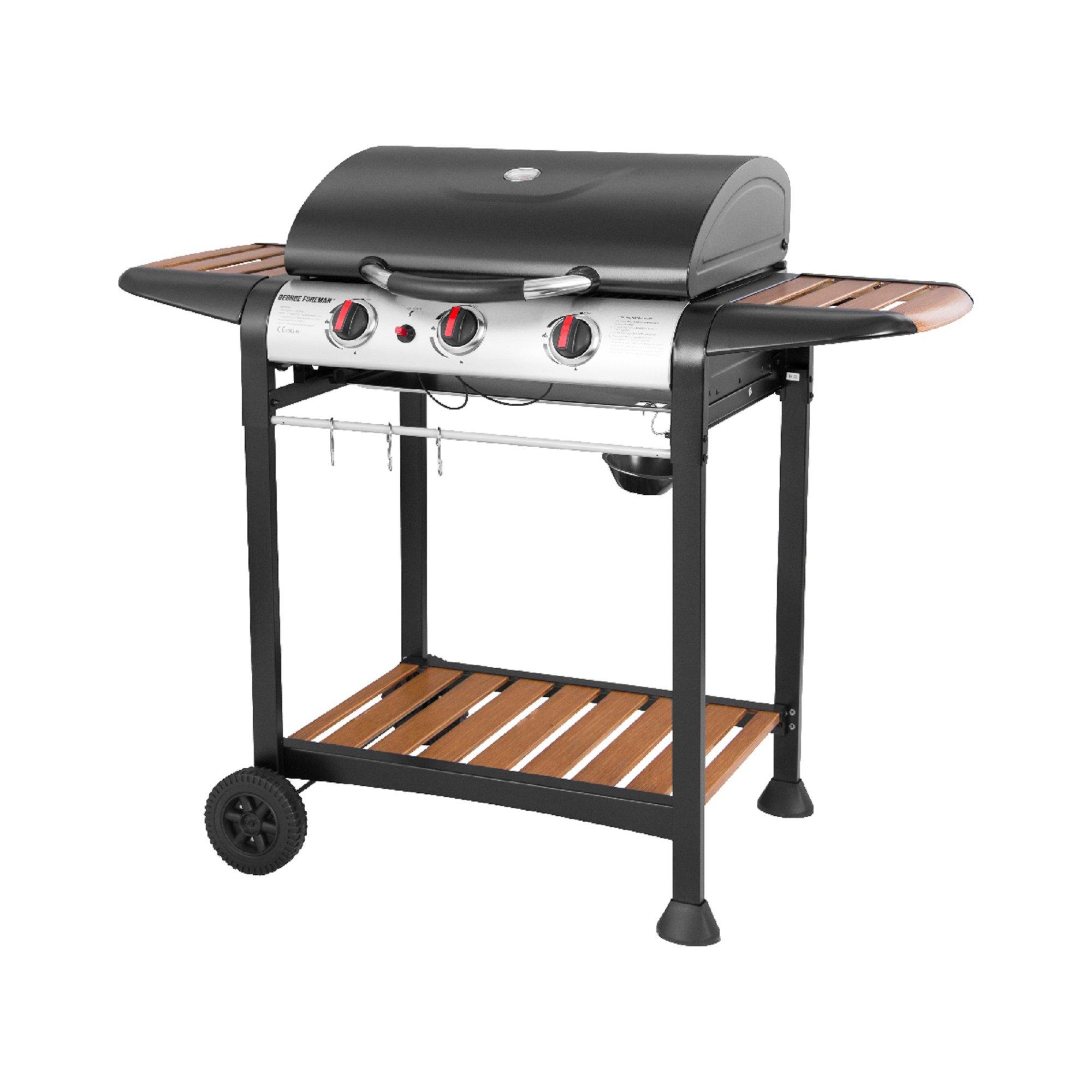 Black - George Foreman - GFGBBQ3BW 3 Burner Gas BBQ Black & Wood - 8